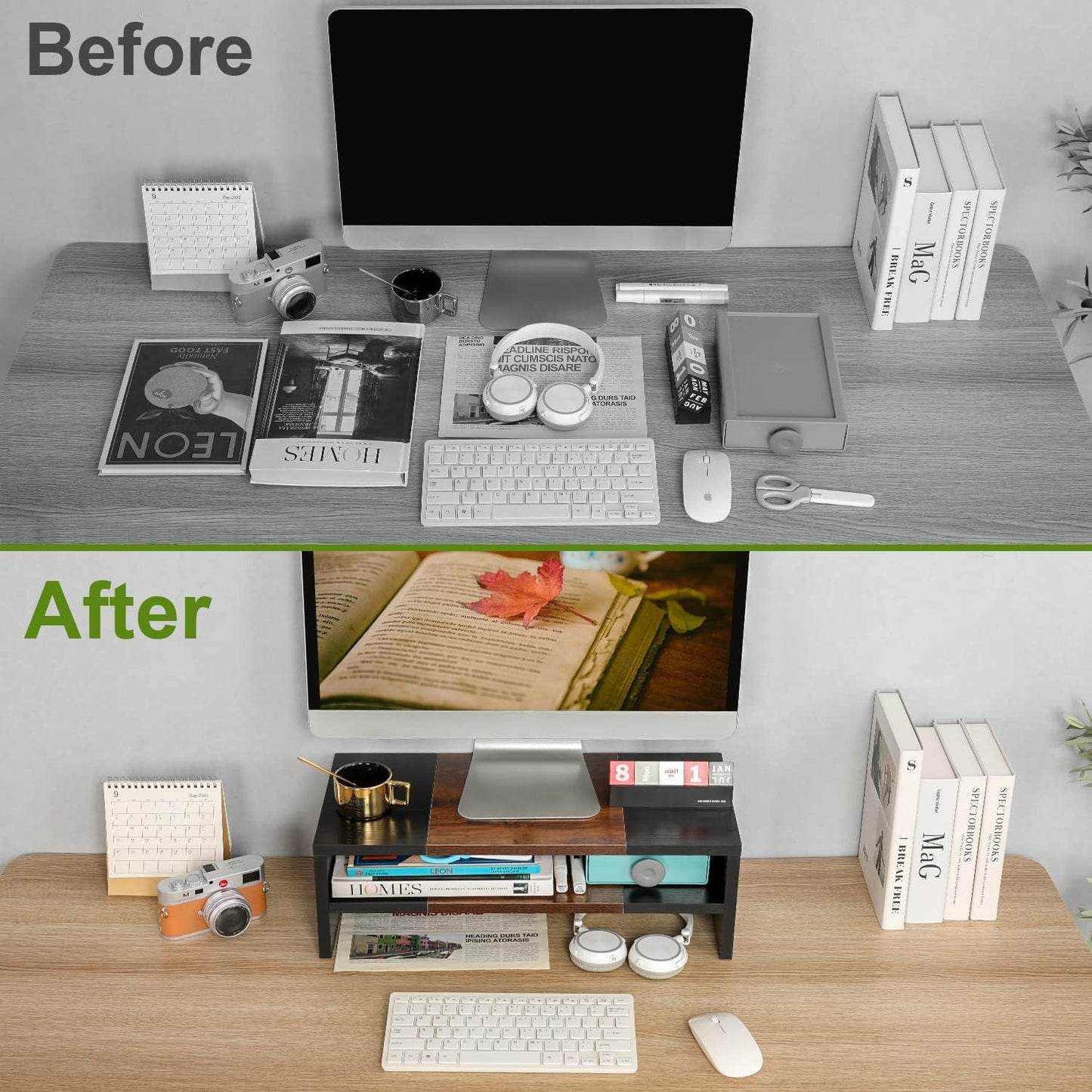 2 20 Inch 2 TEAMIX Tiers Desktop Monitor Stand Riser Printer Stand with Storage Small TV Riser Laptop Wooden Desk