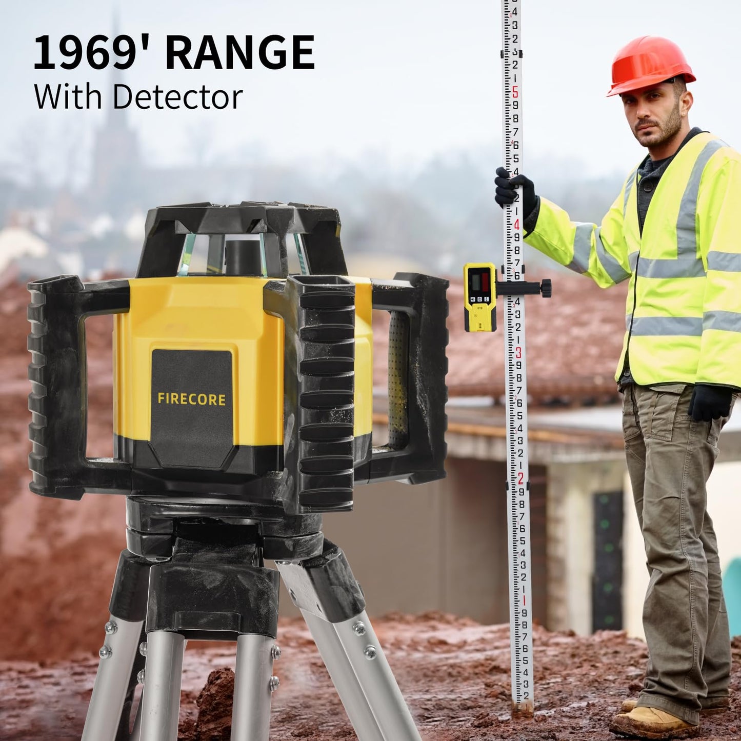 Firecore Self-Leveling Dual Slope Horizontal Rotary Laser Level Kit, 1969-Foot Range, IP55 Rated, Includes Tripod, Grade Rod, Detector, 2 Batteries, Carrying Case, and Accessories