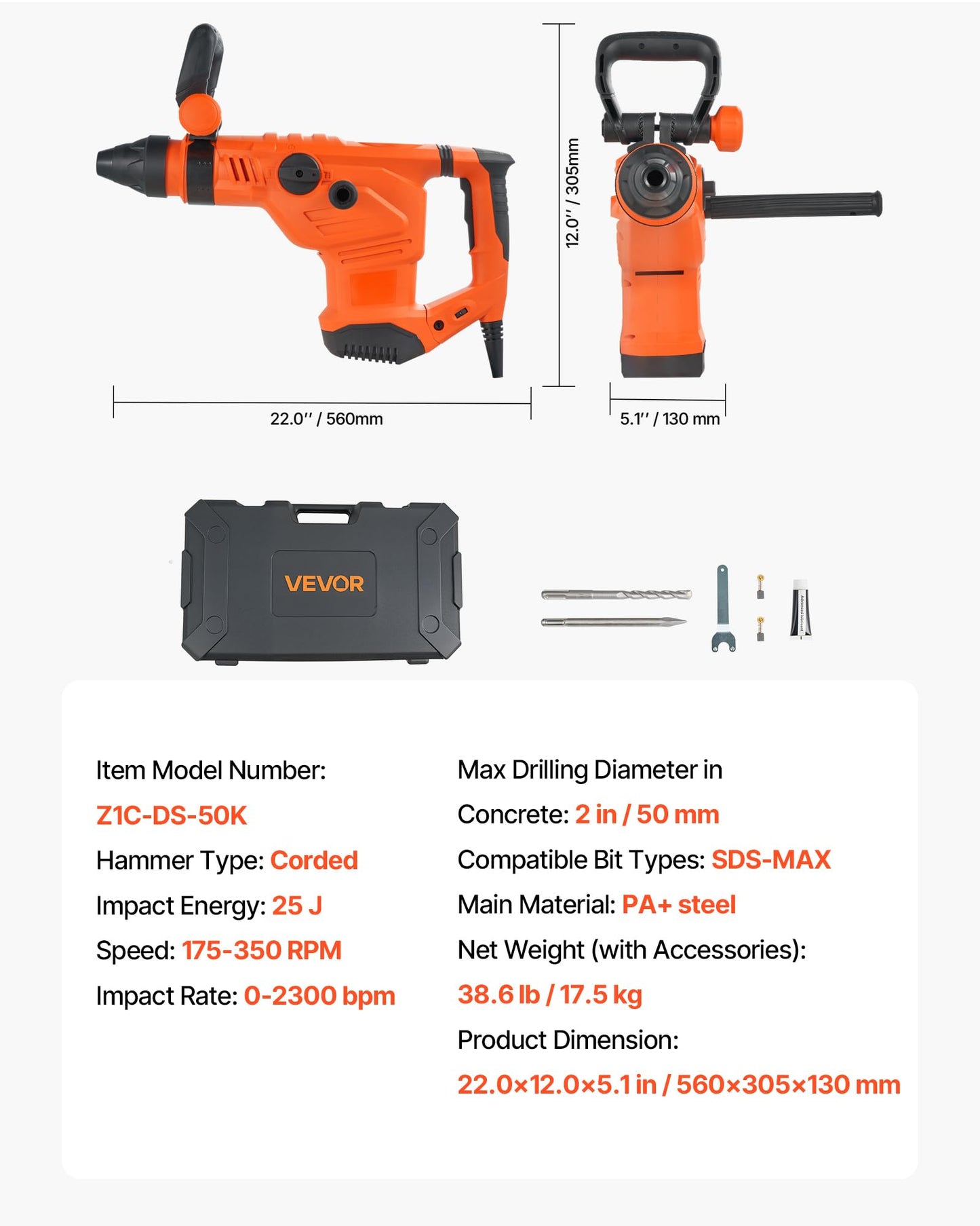 VEVOR 1-3/4" SDS-Max Rotary Hammer Drill, 13Amp Corded Drills, Heavy Duty Chipping Hammers w/Vibration Control & Safety Clutch, Electric Demolition Hammers, Power Tool For Concrete
