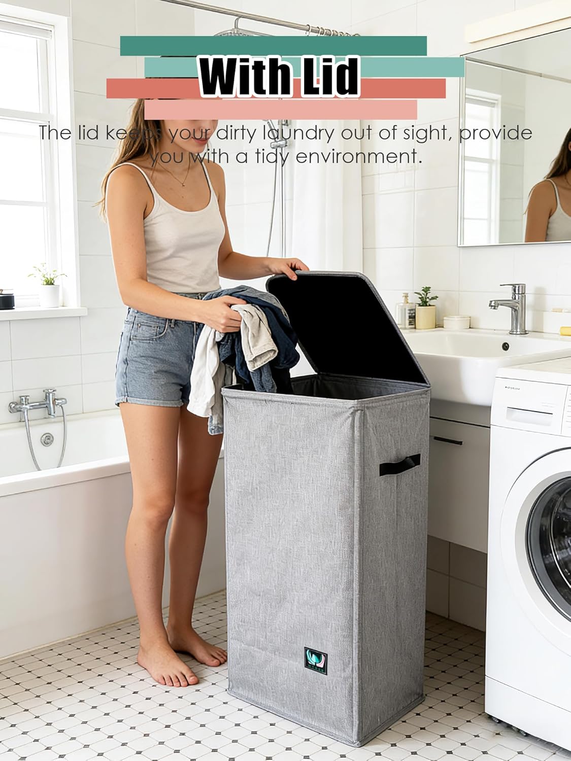 WTREE Laundry Hamper - Large 100L Collapsible Clothes Basket with Lid & Removable Liner - Grey