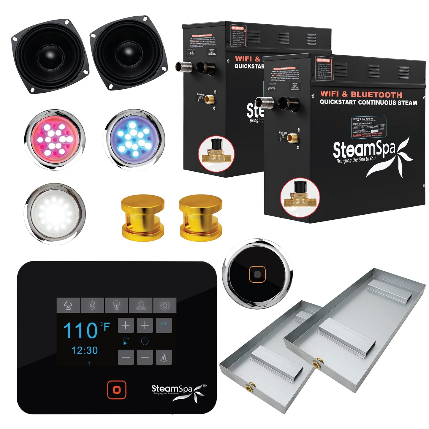 SteamSpa Generator with Quick Start Continuous Steam Technology, Wi-Fi, Bluetooth and Autodrain | 15kW Steam Generator with Gold Steam Head with Aromatherapy Reservoir | RVB1500GD-A
