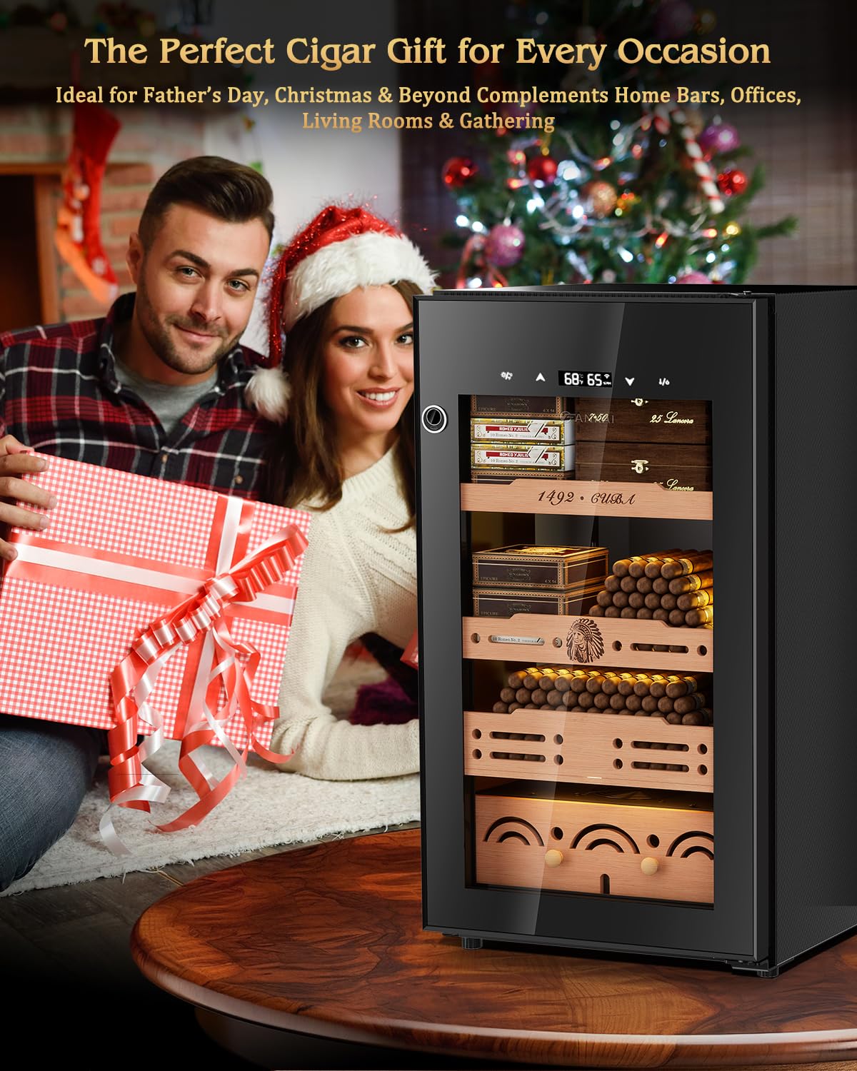 Electric Cigar Humidor Cabinet up to 600 Cigars, Temperature & Humidity Control System-75L Cooling Fridge with Cedar Wood Shelves Digital LED Screen Fingerprint Safety Lock Home & Commercial Use