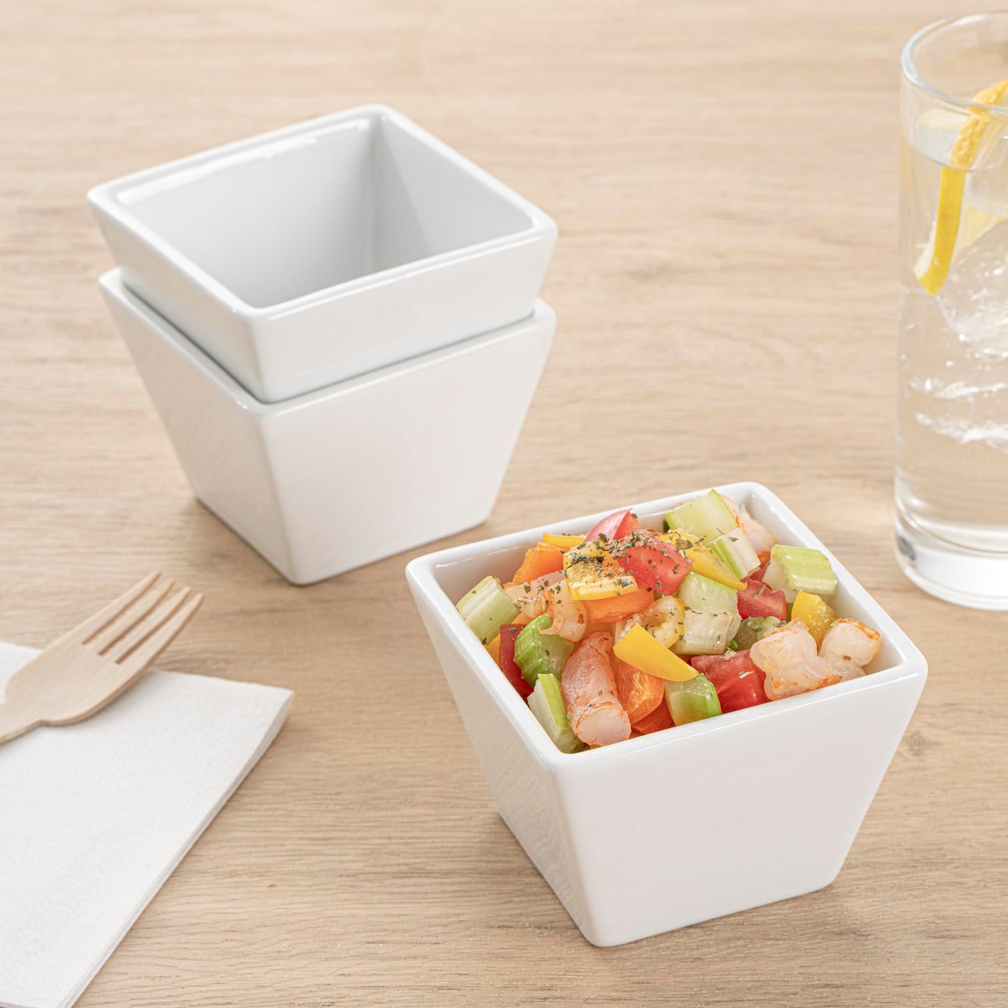 Restaurantware 6 Ounce Small Dessert Cups 10 Square Fondue Bowls - Oven Safe Chip Resistant White Porcelain Porcelain Dip Bowls Dishwasher Safe For Snacks Or Desserts