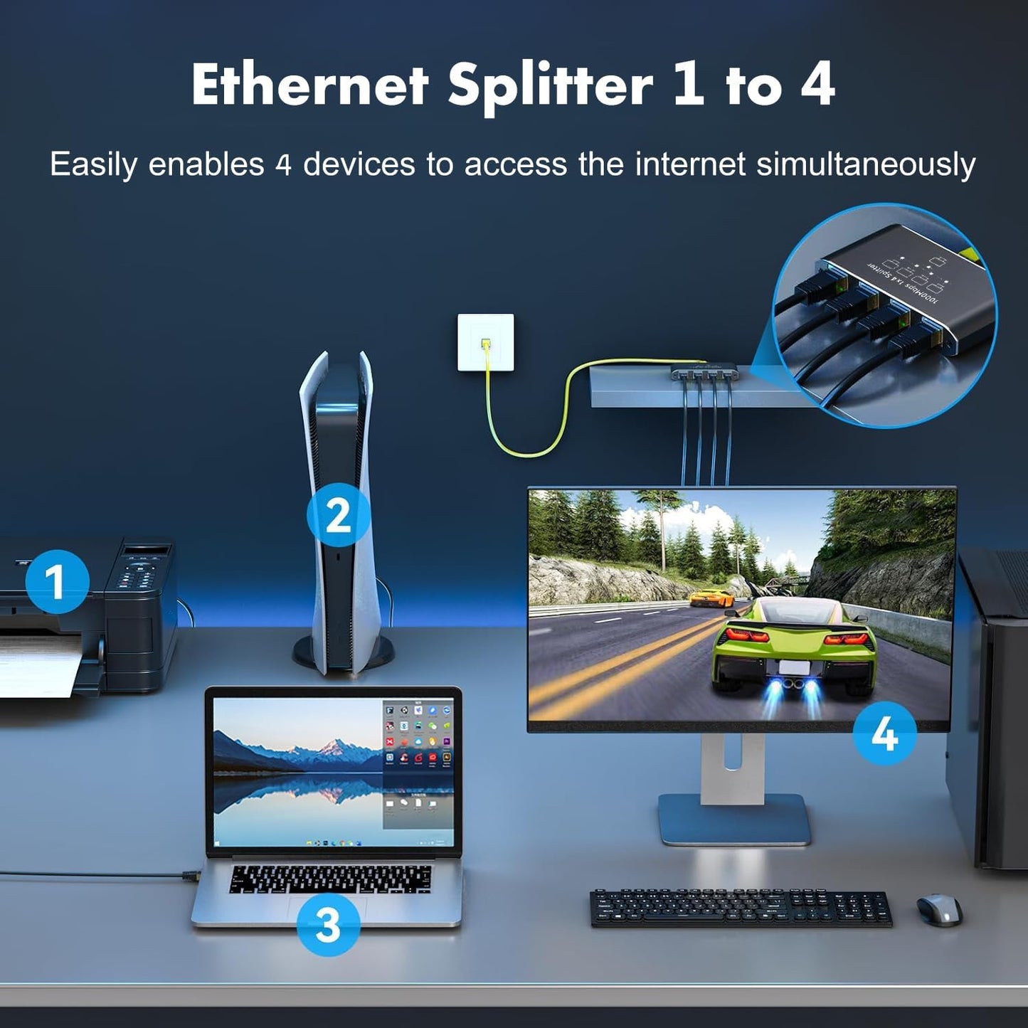Siawclub 1 4, 1000Mbps RJ45 4 Cat5/5e/6/7/8 Ethernet Splitter to High-Speed Internet Splitter, Gigabit Port Router
