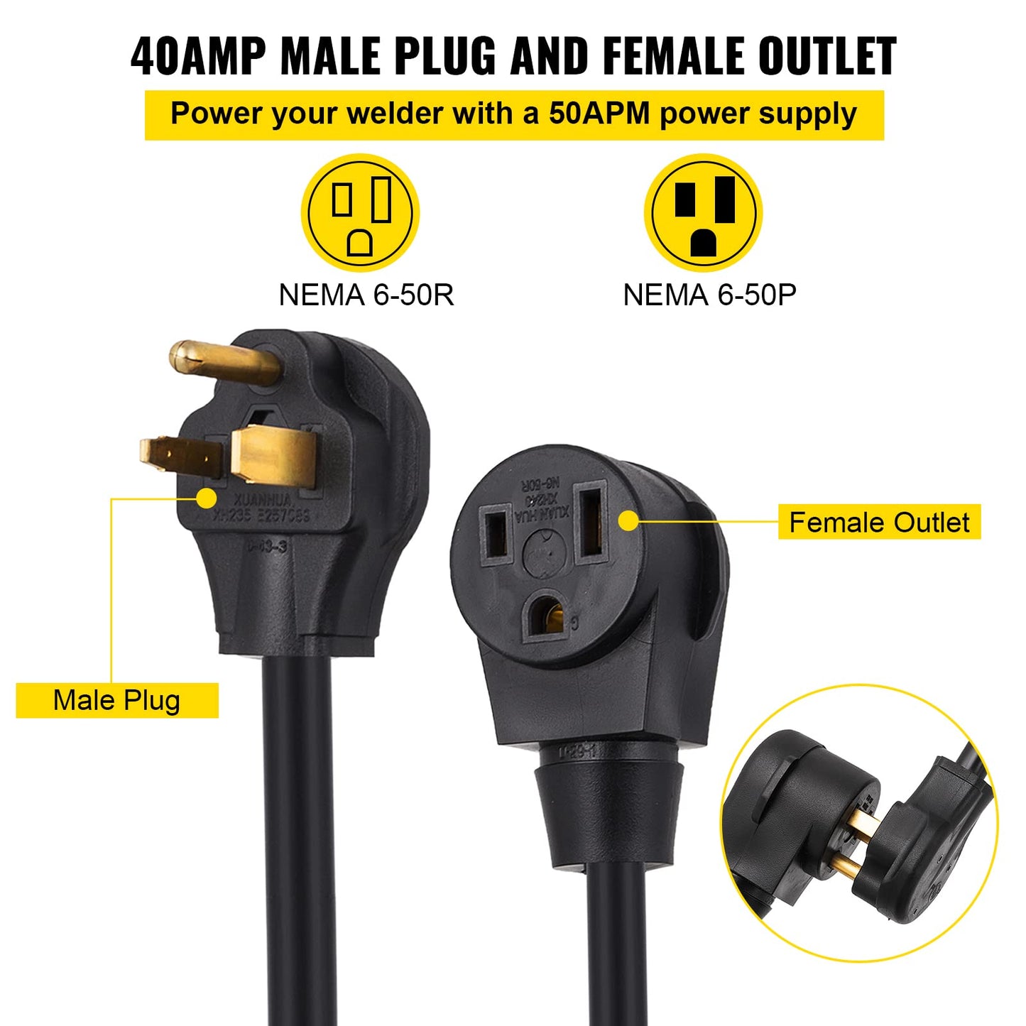 VEVOR 50FT Welder Extension Cord 40 Amp 250V 10 Gauge, NEMA 6-50 3 Prong, STW 10/3 AWG Heavy Duty Welding Power Cord for MIG/TIG/Plasma/Lincoln/Miller