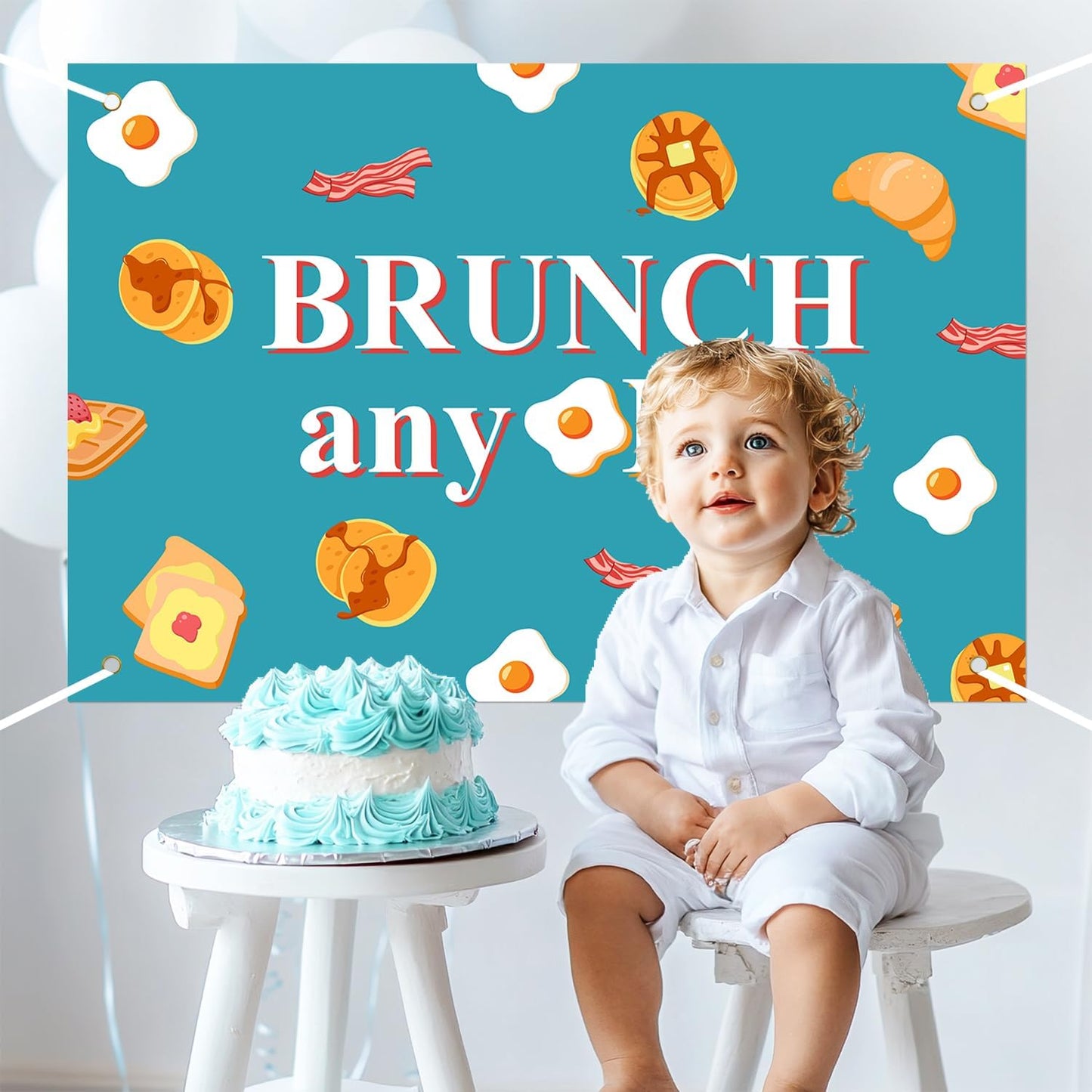 Festiblast 1st Brunch Themed Party Decorations, Brunch Anyone Backdrop Blue Breakfast Food Birthday Party Decor