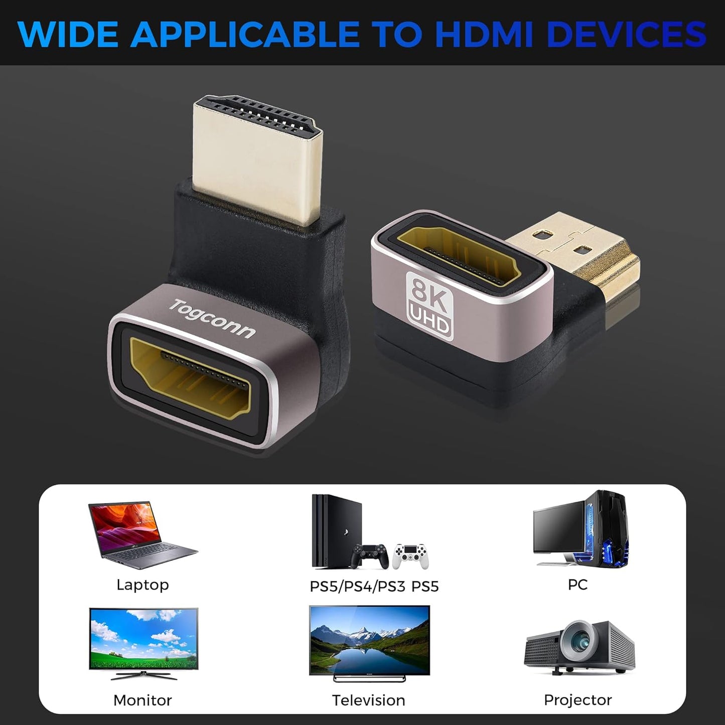 Togconn 8K 90 2.1 4 Pack, 8K@60Hz,4K@120Hz Degree HDMI Adapter (Up and Down) Right Angle HDMI Male to Female HDMI