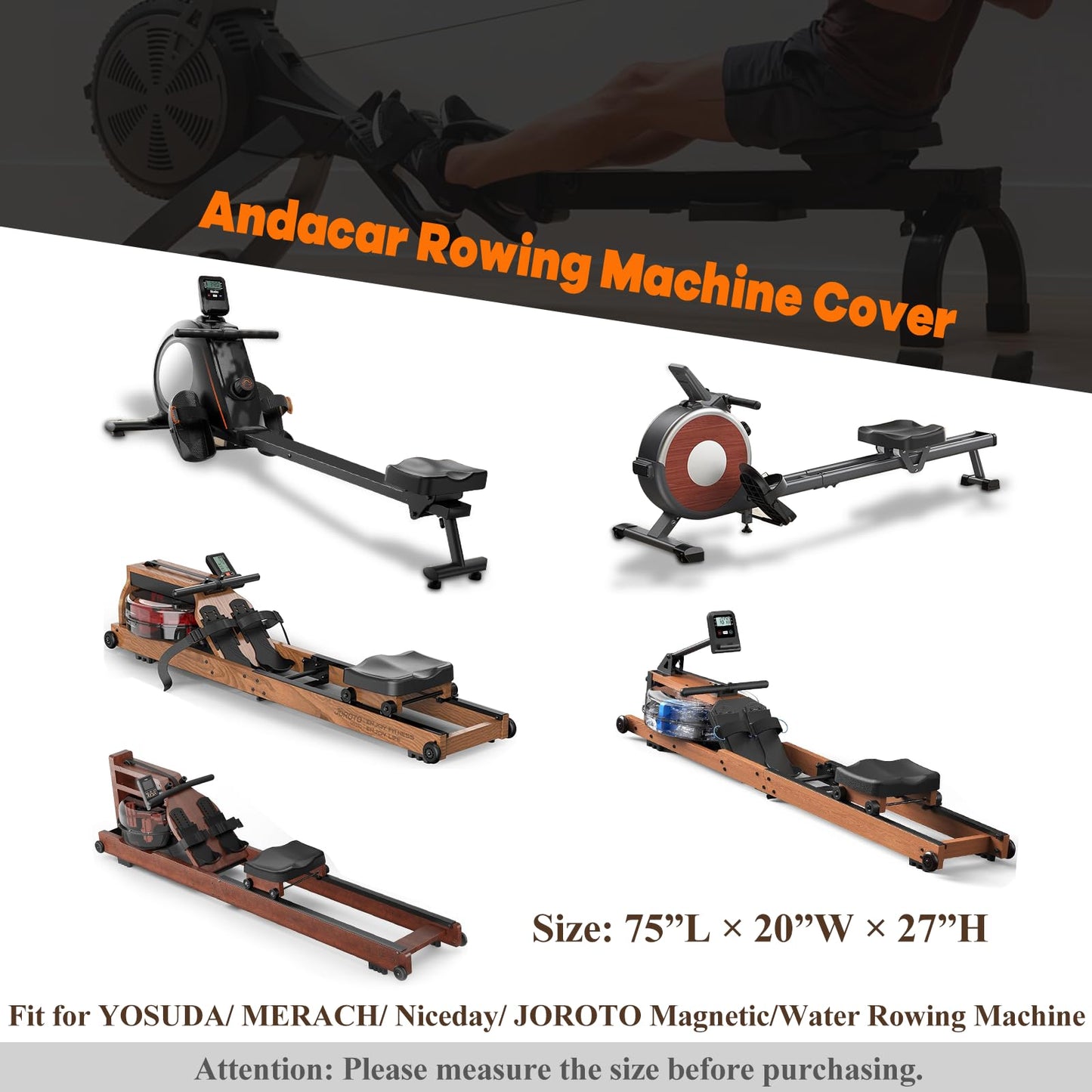 Andacar Rowing Machine Cover, Rower Outdoor Cover for Concept 2 Rowing Machine Waterproof Row Machine Cover for Hydrow Rowing Machine, Dustproof Fitness Equipment Protective Cover (75" L×20" W×27" H)
