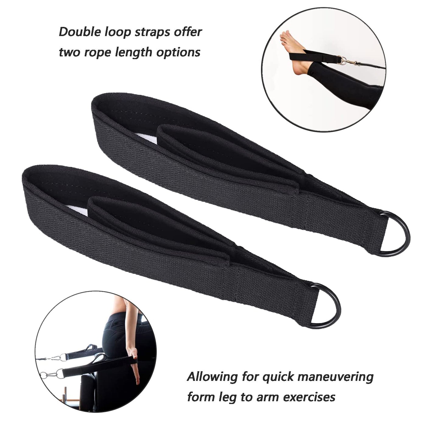 LOOEEL 2Pcs Pilates Double Loop Straps Feet Fitness Equipment Straps Double Padded Pilates D-Ring Loops Yoga Double Loop Straps Handle Straps Pilates Reformer Accessories for Home Gym Workout