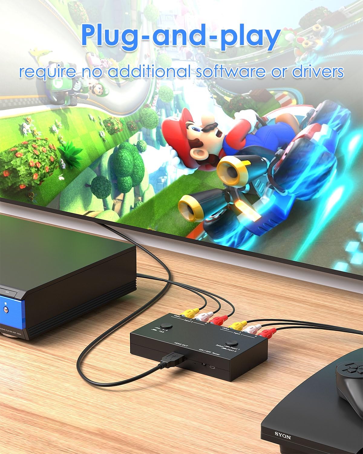 2 16:9/4:3 1080P Sega/Xbox/PS1/PS2/PS3/WII/N64/VHS, Port RCA to HDMI Converter, Dual AV to HDMI Converter Supports
