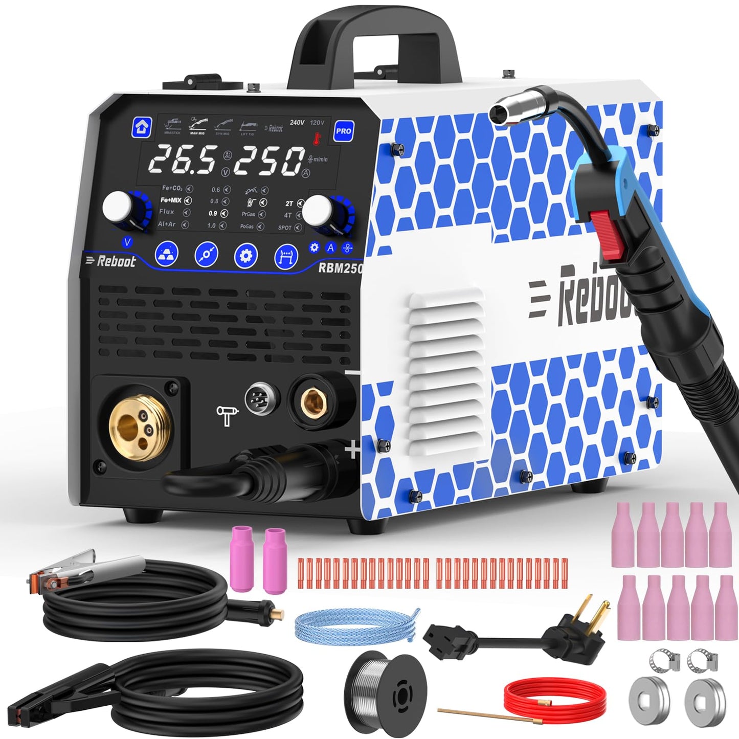 Reboot 250Amp 8-in-1 MIG Welder RBM2500 PRO and 10-Pack MB15 Ceramic Nozzles – 120V/240V Multiprocess Machine w/Gas MIG, Flux Core, Lift TIG, Stick, Spot & Spool Gun
