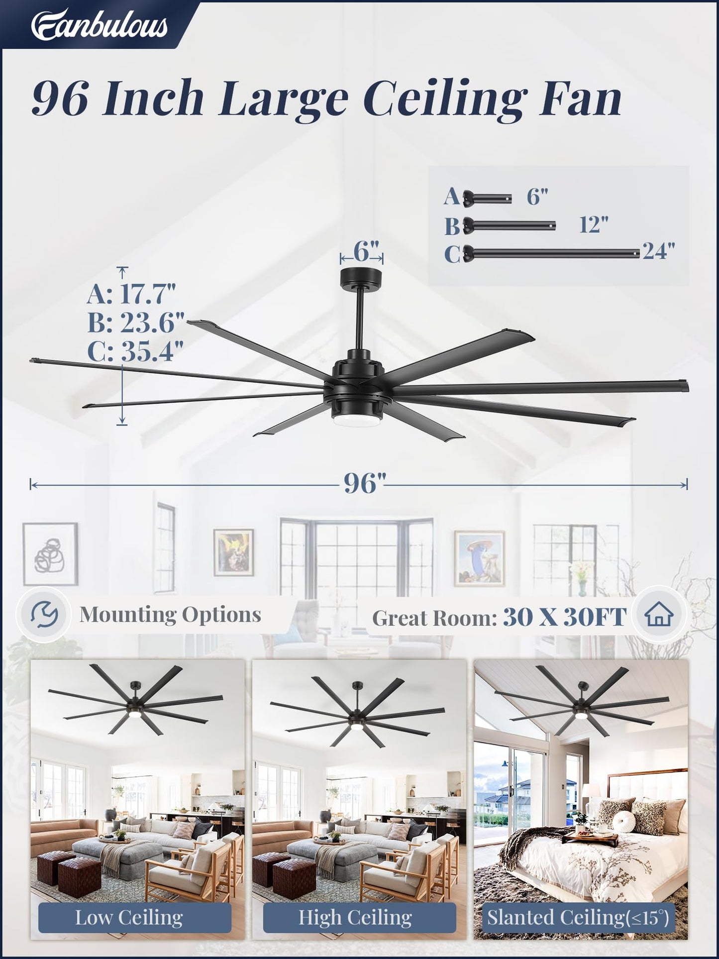 Fanbulous 96 inch Large Ceiling Fan Outdoor Industrial Ceiling Fan with Light and Remote, 6-Speed, 3CCT, 8 Aluminum Blades, Modern Black Big Assed Ceiling Fans for Patios Garage Shop Porch Indoor