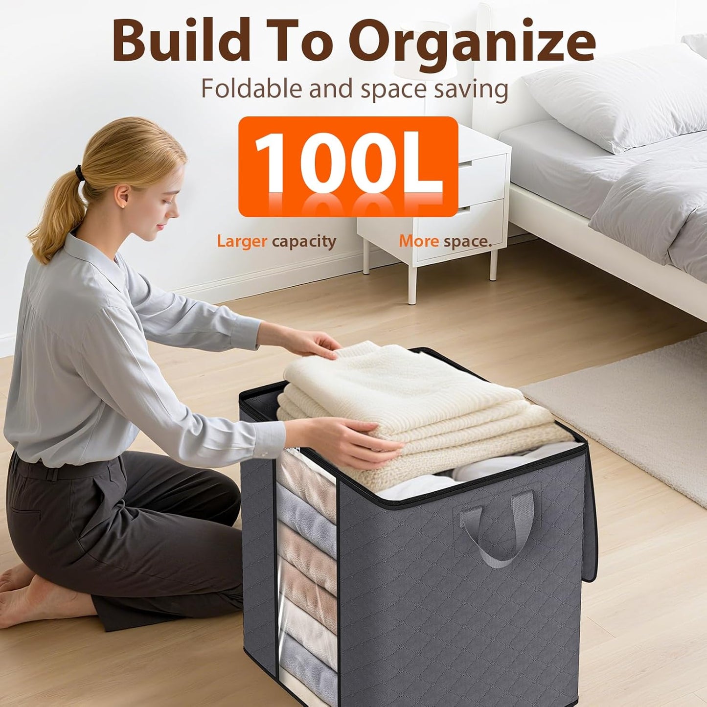 SpaceWhisper 100L Clothes Storage Bags - Foldable Thick Fabric Organizers for Bedroom & Closet | Grey 3-Pack