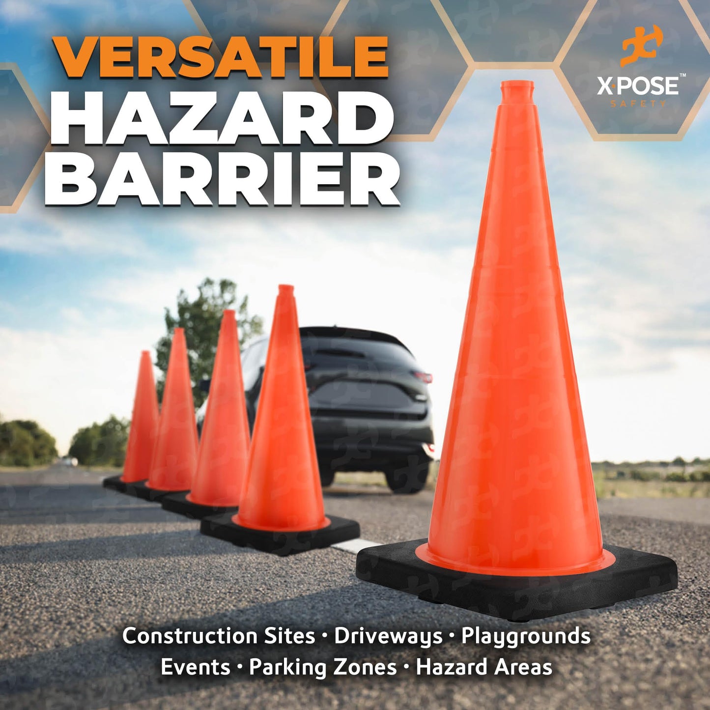 Xpose Safety 28" Orange Traffic Cones Heavy Duty 10lb, 4-Pack - Multipurpose PVC Plastic Safety Cone for Parking, Soccer, Caution, Kids and Construction - Custom Stenciling Available