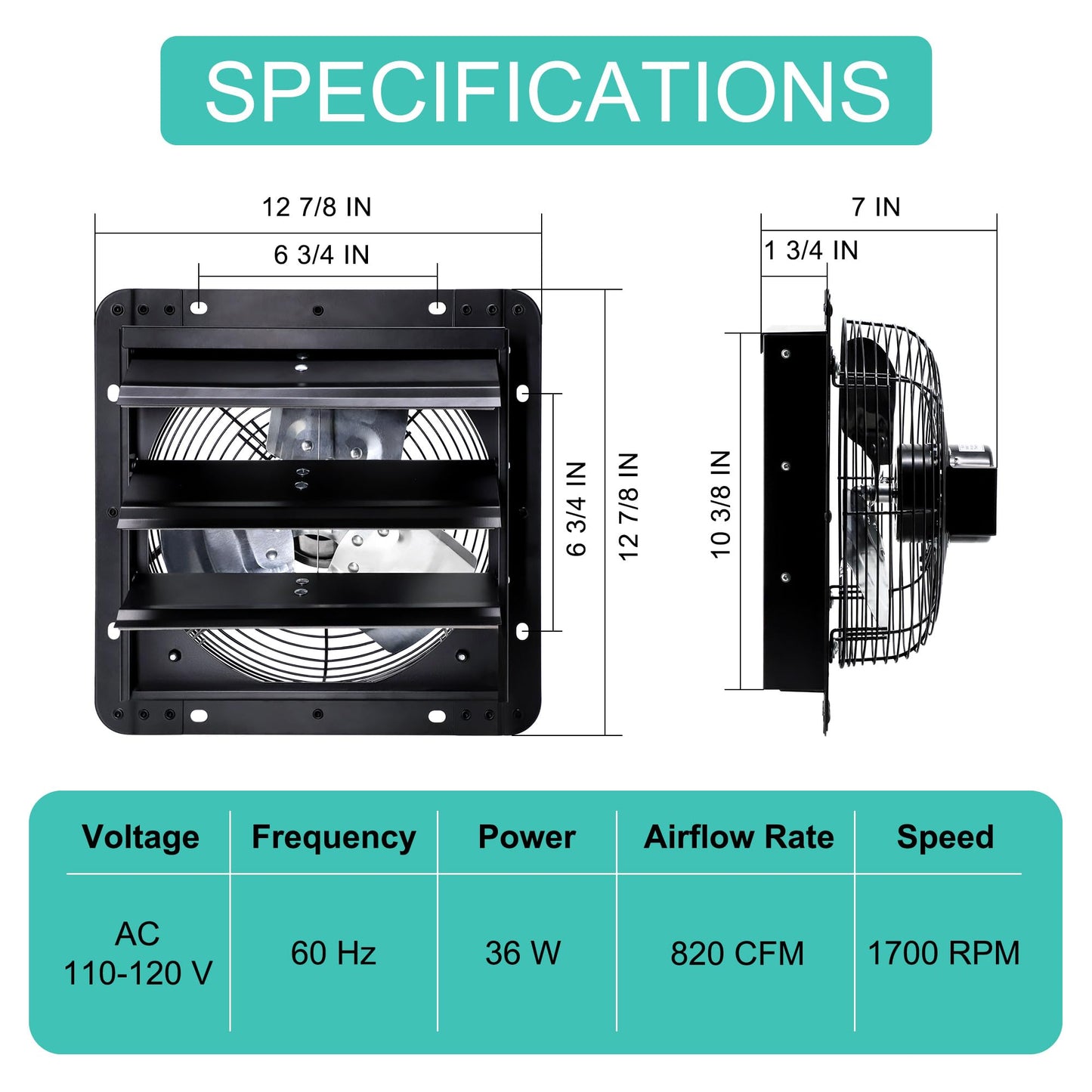 Hipoilk 10 Inch Shutter Exhaust Fan for Greenhouse, Shed, Garage, Barn, Chicken Coop Ventilation, Wall Mount Attic Fan with Speed Controller and Power Cord, 820 CFM, Black