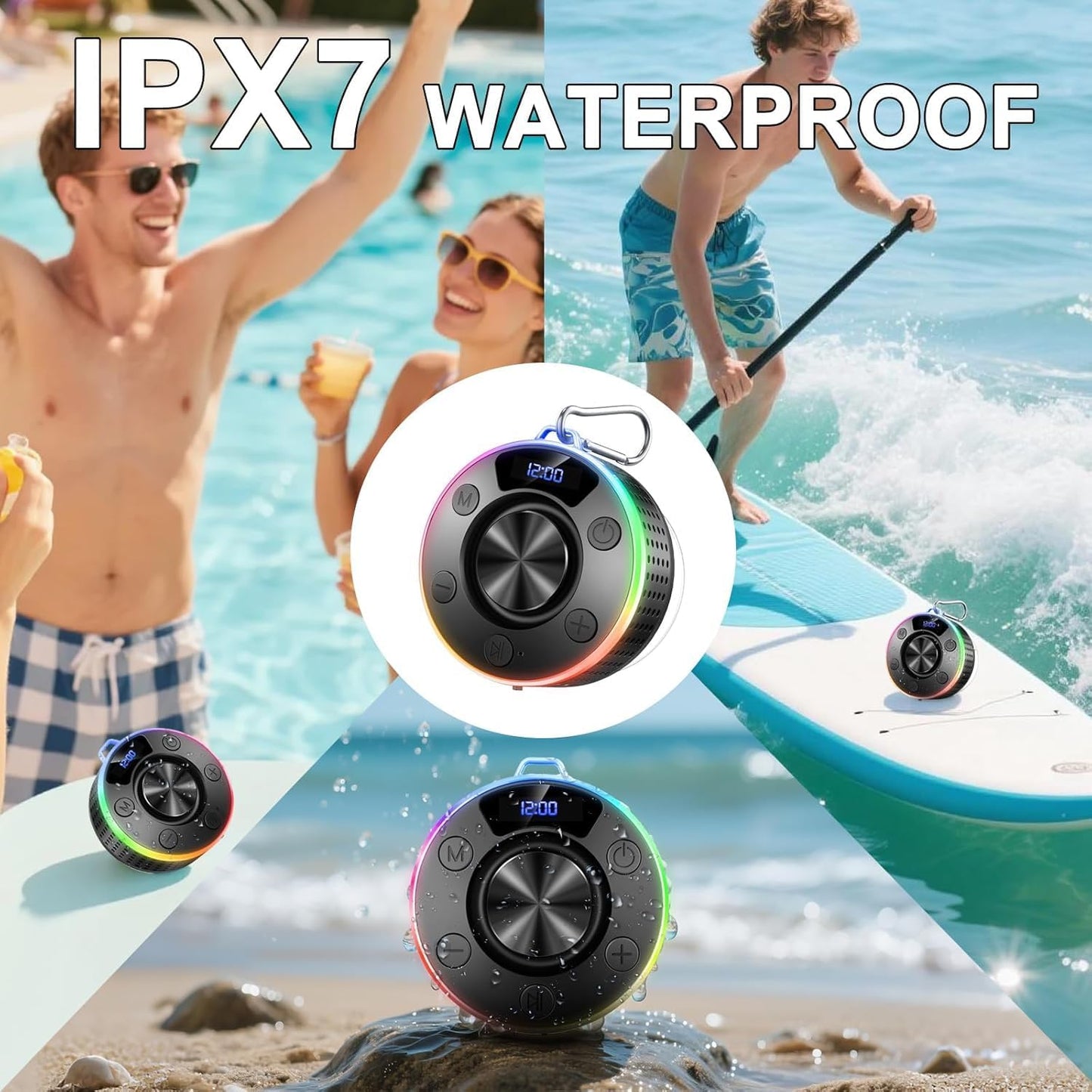Donerton 5.4 360HD IPX7 Bluetooth Shower Speaker, Portable Bluetooth Speaker with Stereo Sound and Robust Bass