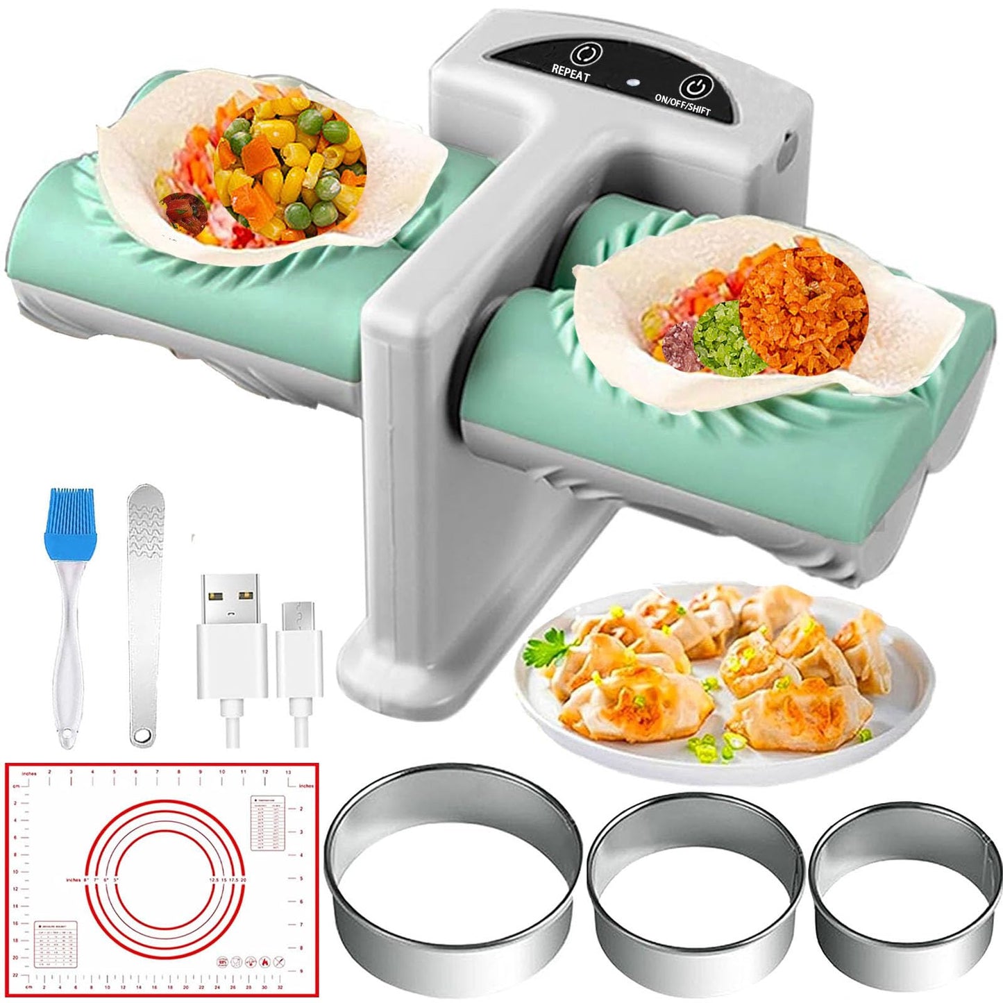 Electric Dumpling Maker Two Sizes Double Head Automatic Electric Dumpling Maker Machine Mould Household Quick Rechargeable Dumpling Maker Kit with Silicone Baking Mat,Dough Cutters,Spoon Brush