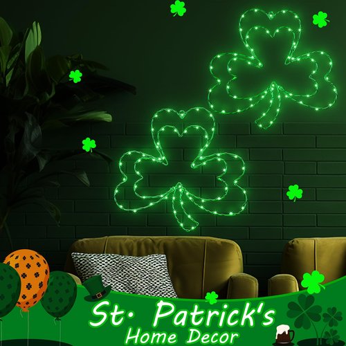 Kenburg 2 Pcs St. Patrick's Day Window Lights, 13" 8 Modes LED Double Shamrock Window Lights, Timed Battery Powered with Remote, Lighted Irish Green Clover Iron Silhouette for Window Home Decoration