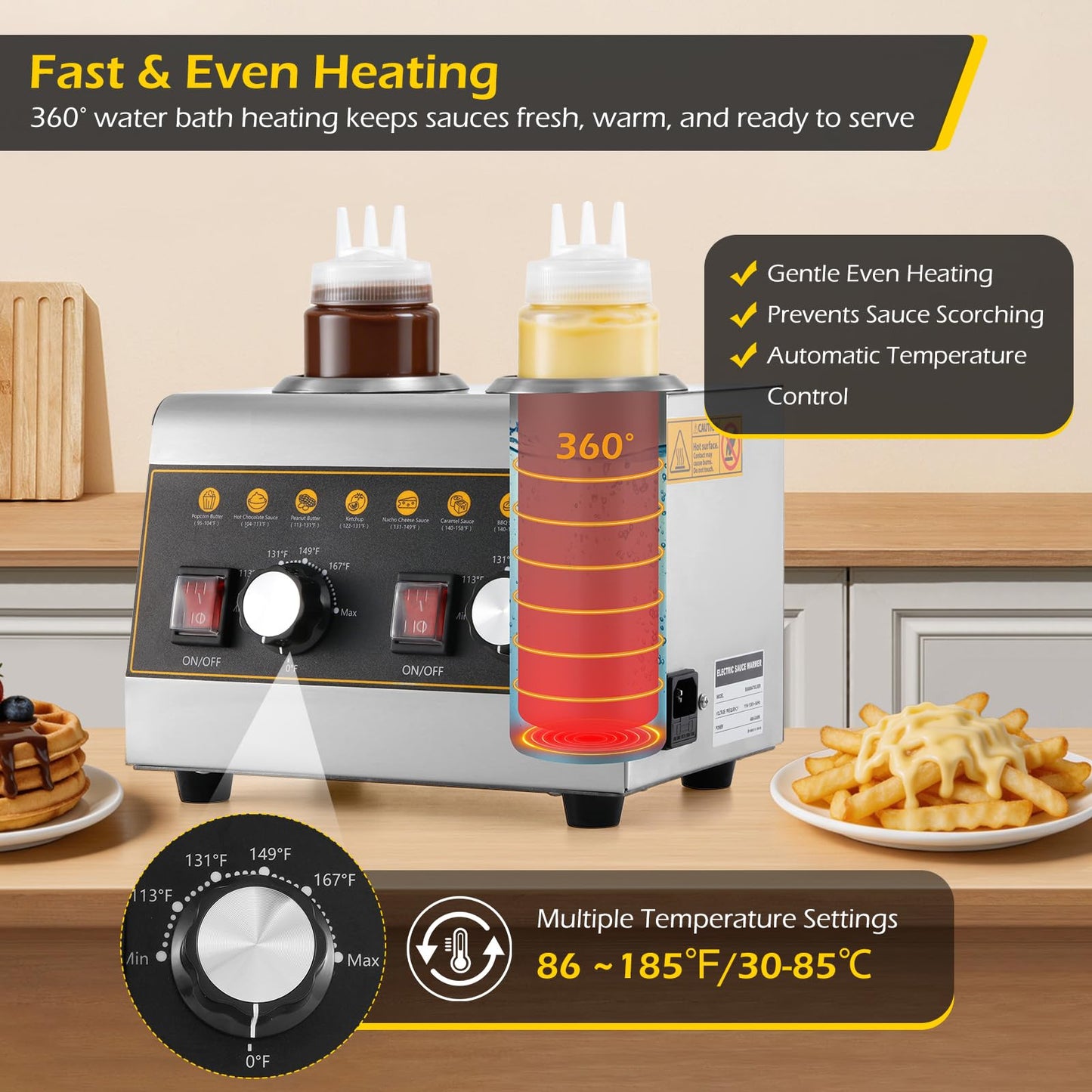 Dyna-Living Electric Sauce Warmer - 500W Nacho Cheese Warmer Dispenser with Removable Storage Rack, Commercial Sauce Bottle Warmers for Hot Fudge Ketchup Chocolate Cheese with 650ml Squeeze Bottle*2