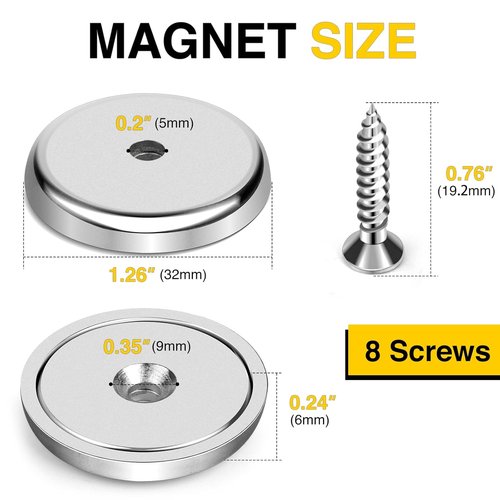 DIYMAG Strong Neodymium Magnets - 8 Pack 110LBS Silver Round Cup with Countersunk Holes & Screws | Ideal for Office & Wall Mounting