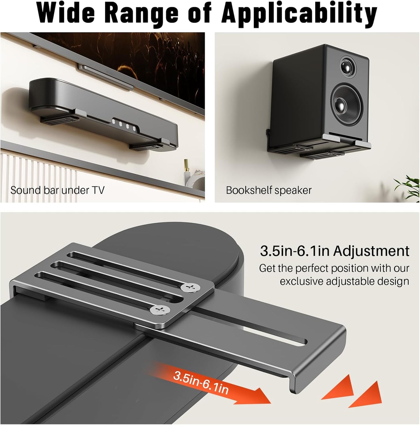 BYMECOST 3.3"-6.1", 40 lbs, Universal Soundbar Wall Mount Bracket, Metal Soundbar Shelf Compatible with Depth from