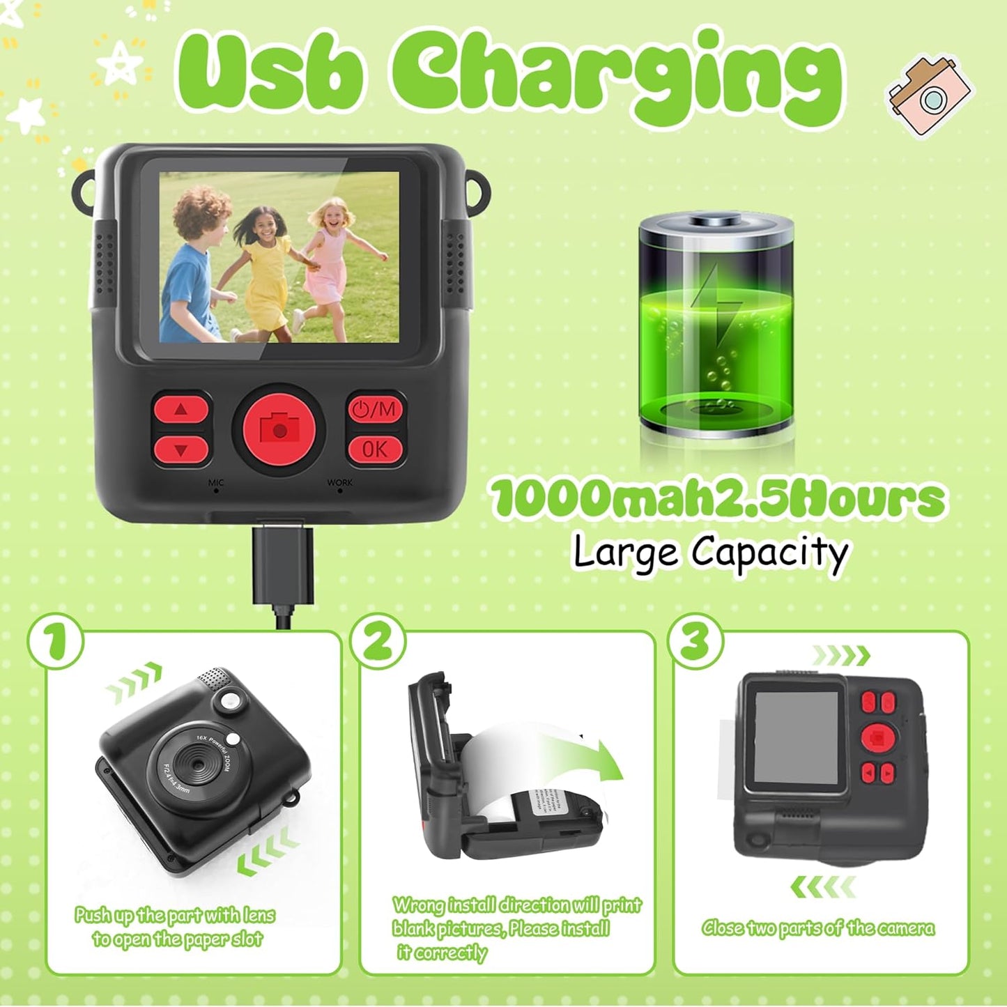 WEEFUN 2.4 Inch 1080P 16X 32GB 4 5 6 7 8 9 10 Kids Camera Instant Print, Safe Toddler Camera, Screen, with Zoom, TF