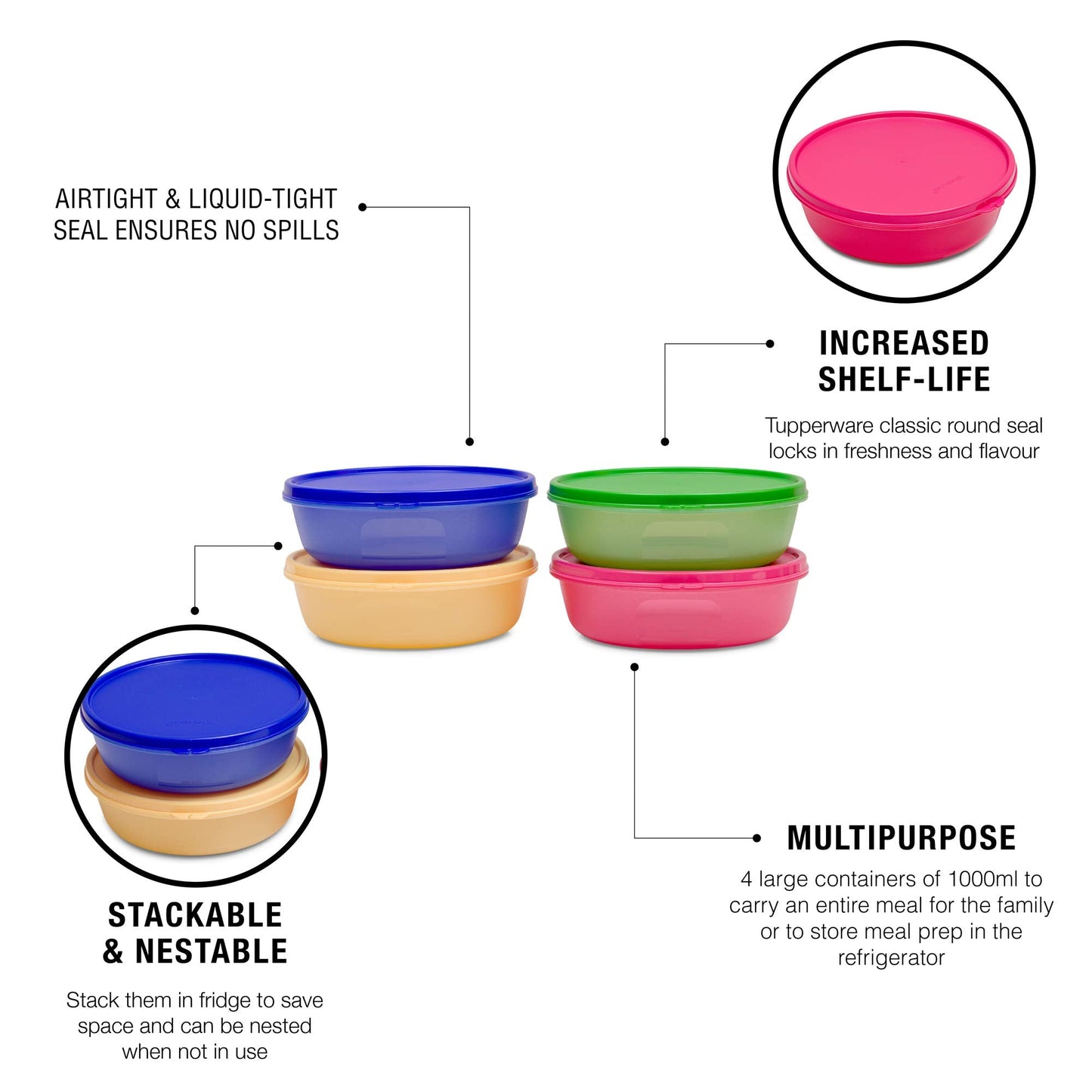 Tupperware Plastic Bowl (1000Ml, Multicolour) -4 Piece - Multicolor