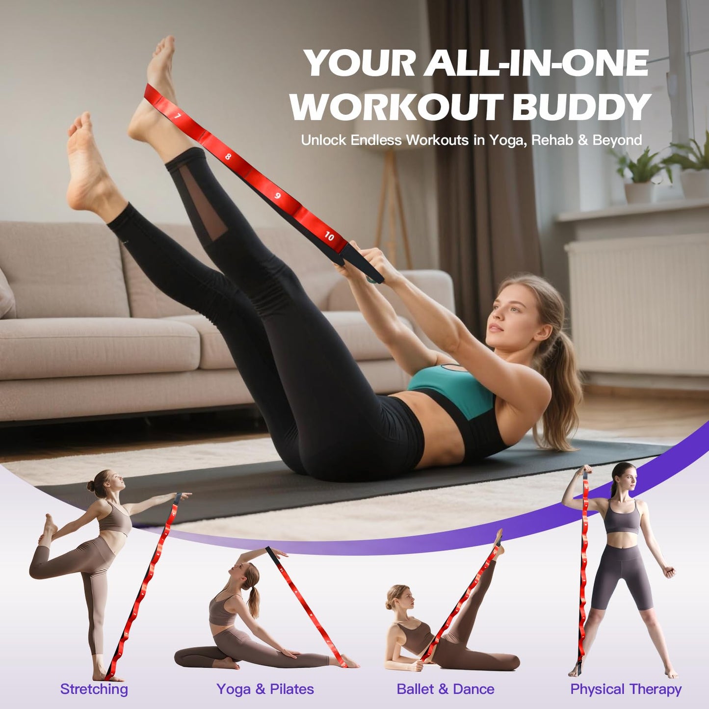 Non Elastic Stretching Strap with Loops - Yoga Straps for Physical Therapy, Durable Stretch Bands for Exercise, Flexibility Training, Hamstring & Leg Stretcher, Yoga/Pilates/Gymnastics - Red
