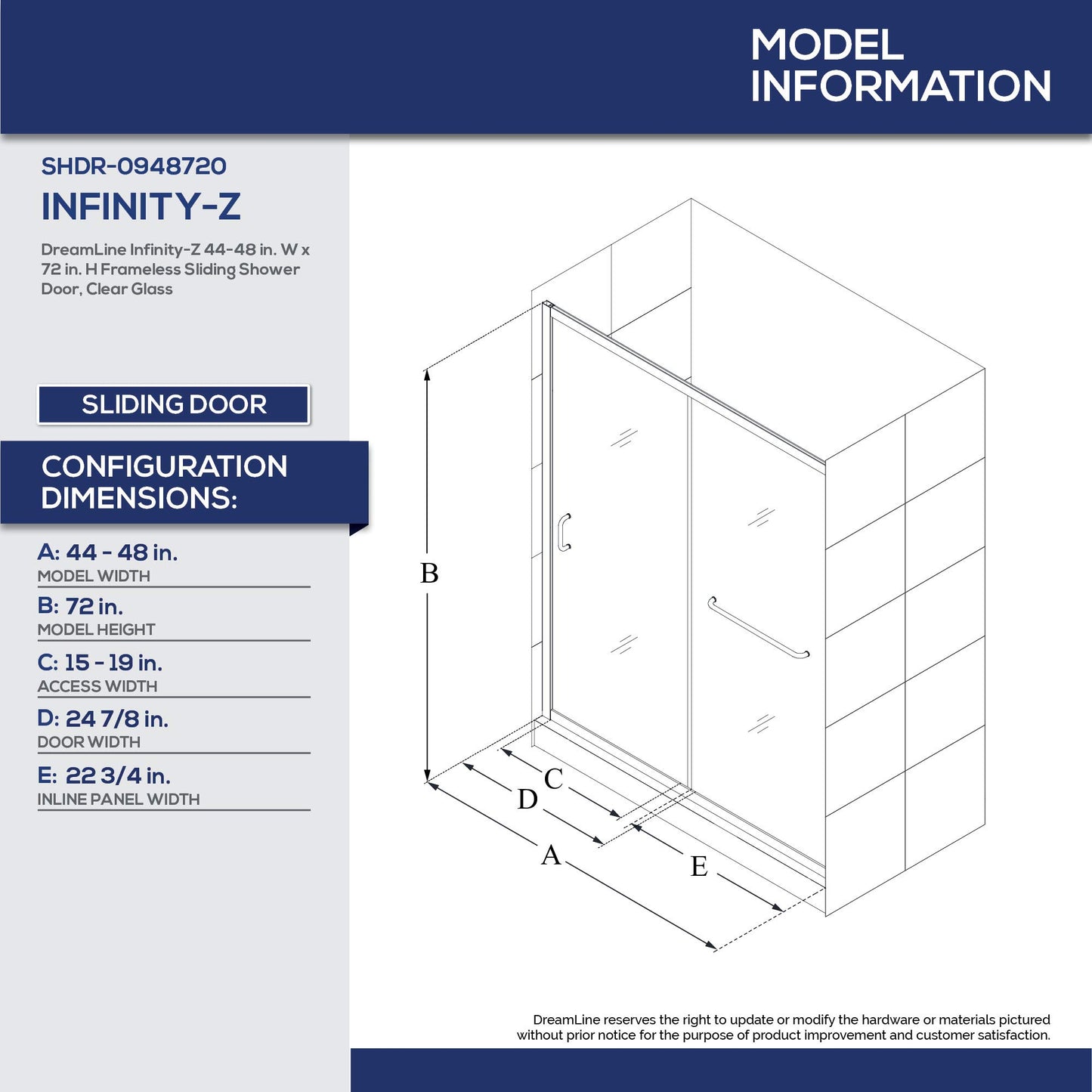 DreamLine Infinity-Z Semi-Frameless Sliding Shower Door | For openings from 44" up to 48" | Clear Glass in Chrome | SHDR-0948720-01