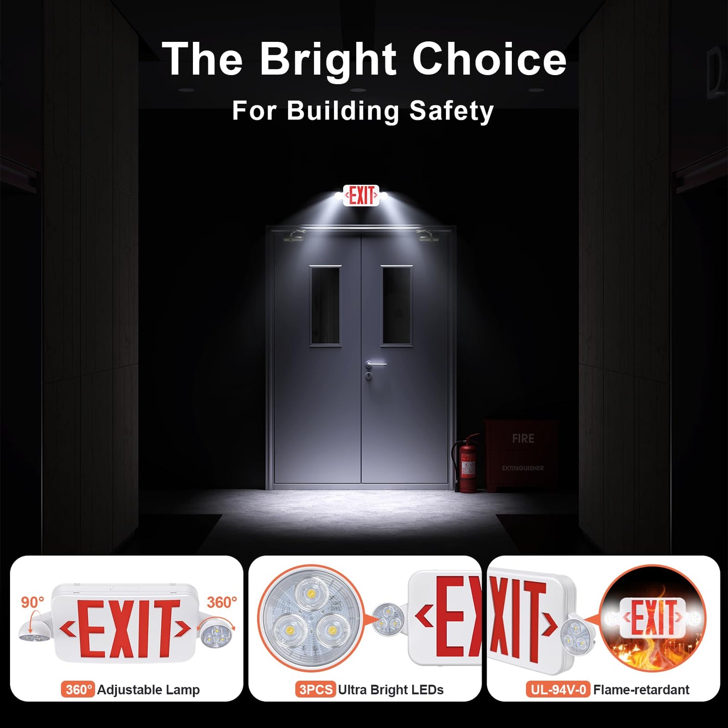 SASELUX Led Exit Sign Emergency Light Combo Adjustable Two Head,Double Sided and Battery Backup Exit Light,Red Letter Hardwired Emergency Exit Sign,AC 120/277V,UL Listed,Ceiling&Wall Mount (1 Pack)