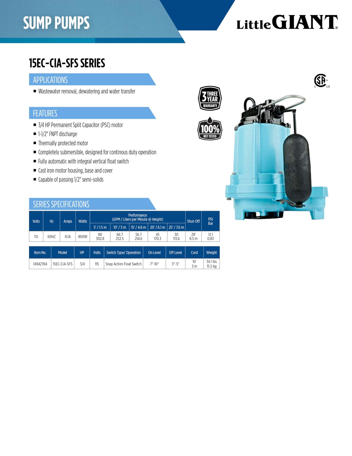 Little Giant 15EC-CIA-SFS 115 Volt, 3/4 HP, 4800 GPH Effluent/Sump Pump with Integral Snap-Action Float Switch, 10-Ft. Cord, Blue, 14942784