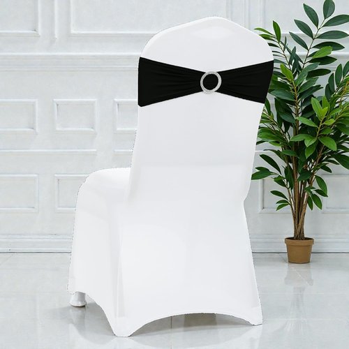 MDS Premium Spandex Chair Sashes - Stretchy Bow Covers with Buckle Slider | Universal Fit - Black (Pack of 25)