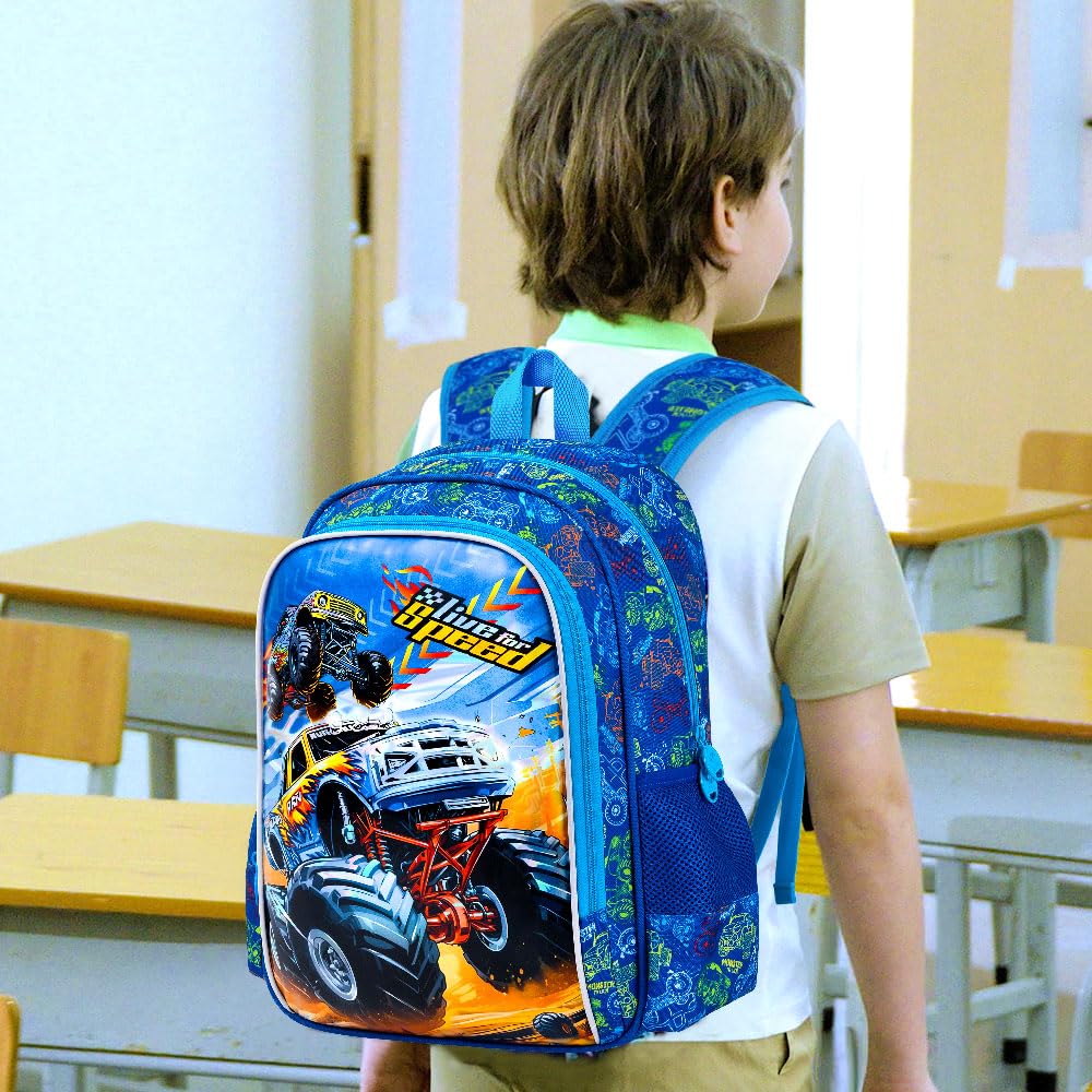 KLFVB 3PCS Boys Truck Backpack, Water Resistant Kids Bookbag with Lunch Box, 16" Preschool Backpacks for Elementary - Truck Blue
