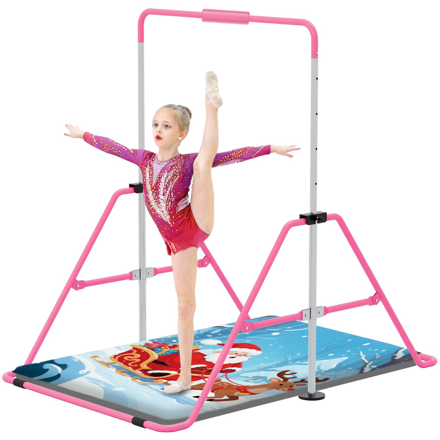 Jivifao Gymnastics Bar with Self-Inflating Mat for Kids, Adjustable Height Gymnastic Horizontal Bars with Mat, Folding Gymnastic Training Monkey Bars, Junior Expandable Training Kip Bar for Home