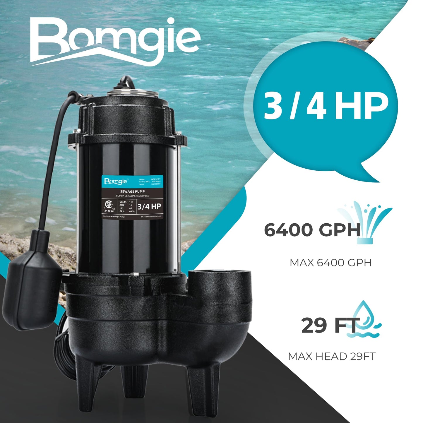 BOMGIE Sewage Pump, Cast Iron Effluent Pump, Automatic Tethered Float Switch, Sewage Sump Pump for Sump Basin, Basement, Residential Sewage, 2'' NPT Discharge, Dark
