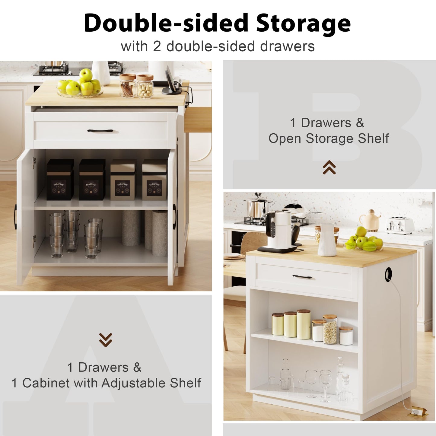 MEETFAV 82.7" Kitchen Island with Extendable Dining Table, Modern Stationary Island Table with Double-Sided Storage, Power Outlet, 2 Drawers and Side Shelves for 4-6