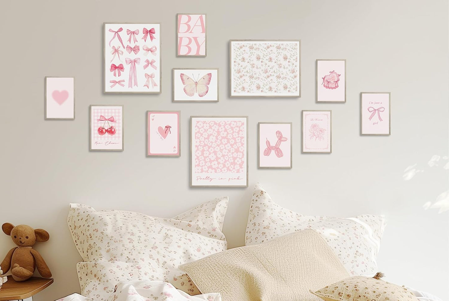 TwoDays Pink Coquette Wall Art | Aesthetic Light Pink Bows Posters for Girls' Dorm | Set of 12 Unframed (8" x 10" Largest)