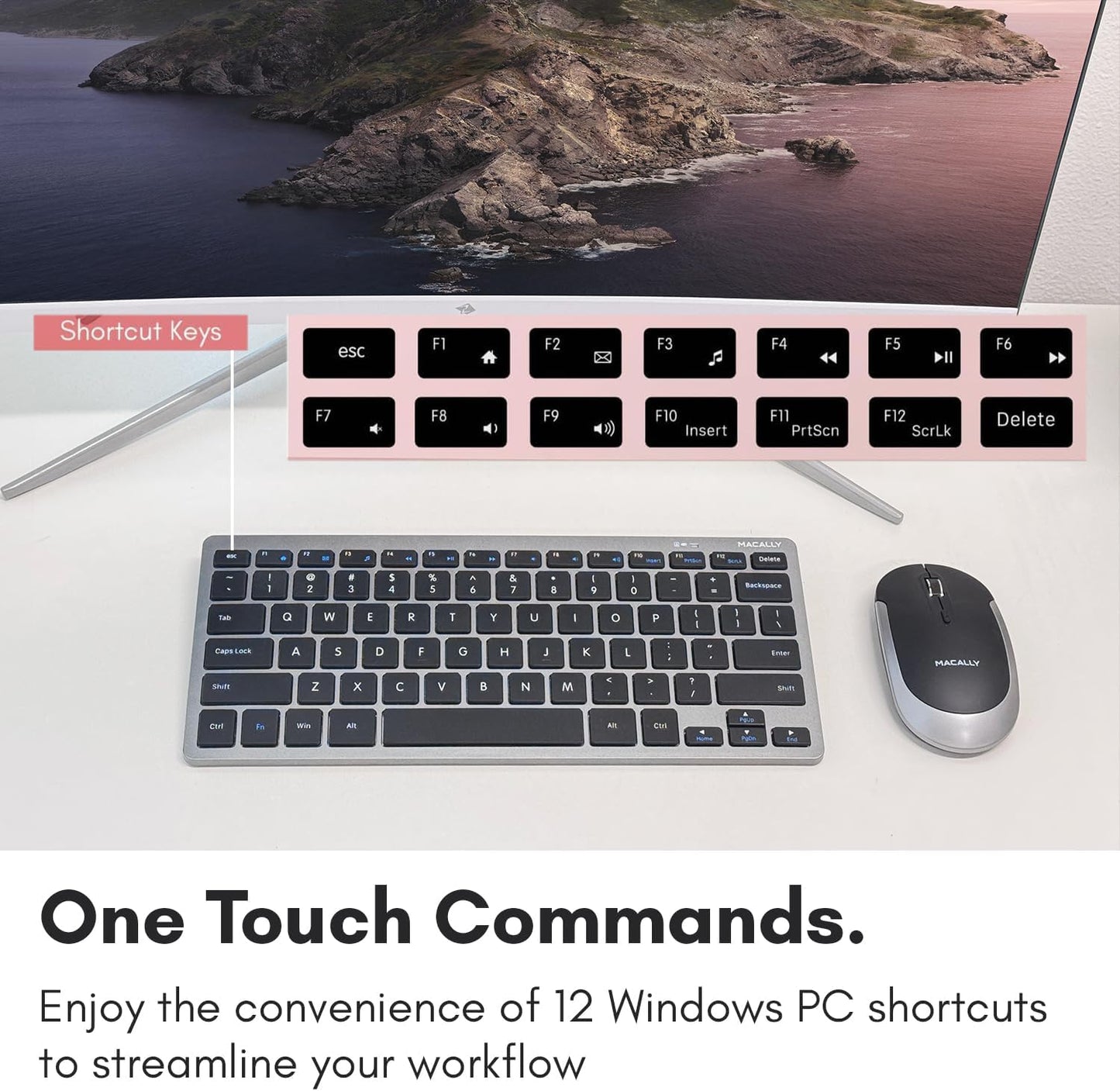 Macally Small Wireless Keyboard | Mini Keyboard for PC - Slim, Quiet & Portable for Laptop, Desktop PC, Surface