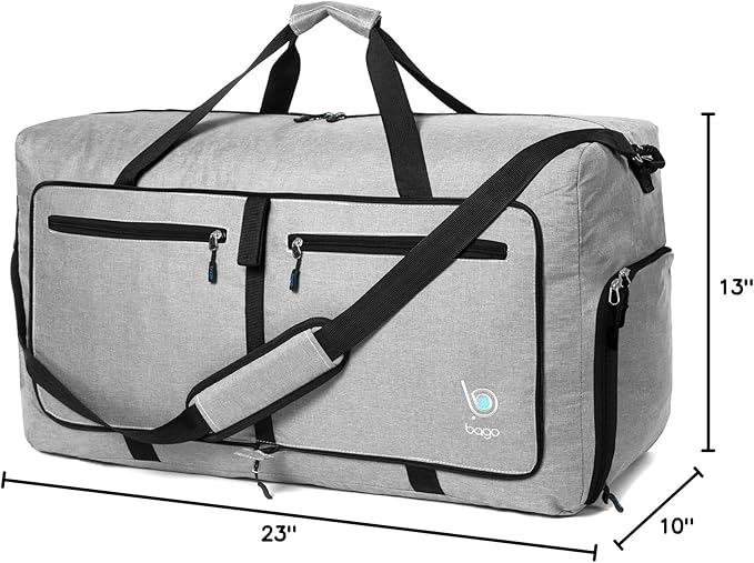 Bago Foldable Duffel Bags for Traveling Women & Men - 60L Medium Packable Duffle Bag for Travel with Shoe Compartment - Water Repellant, Heavy Duty, Lightweight Folding & Collapsible (SnowGray)