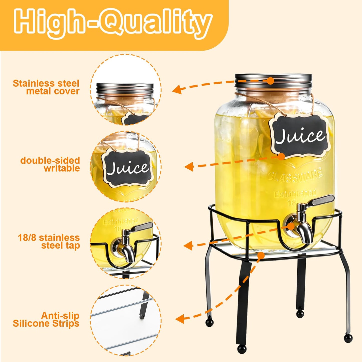 RuileMei 2 Pack1 Gallon Glass Drink Dispensers For Parties,Beverage Dispenser with Stand,304 Stainless Steel Spigot Leakproof,Lemonade Dispenser for Sun Tea, Homemade Juice