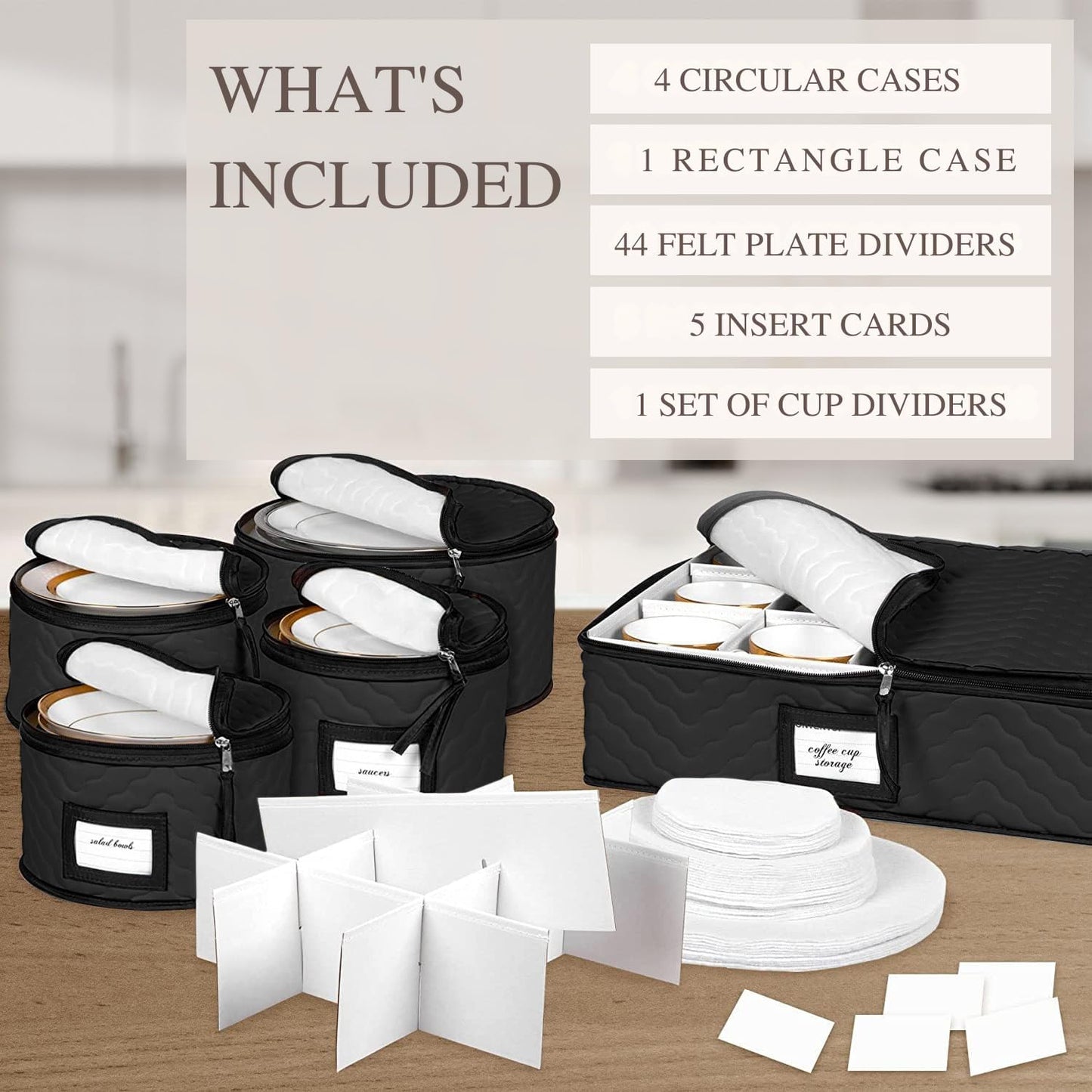China Storage Containers 5-Piece Set - Sturdy Quilted Microfiber Dish Organizer for Dinnerware, Black