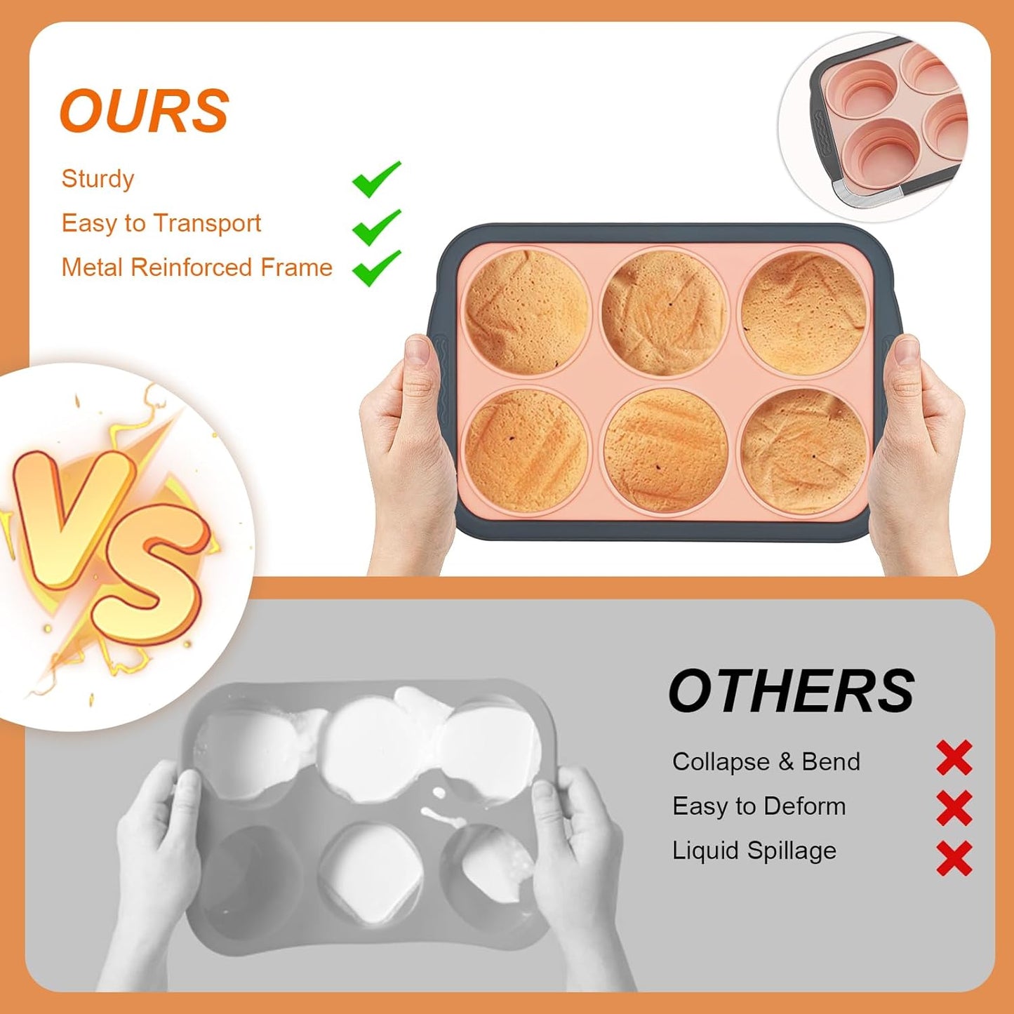 Skiennix Silicone Muffin Pan - Nonstick 6-Cup Baking Molds | BPA-Free, Easy Release, Dishwasher Safe