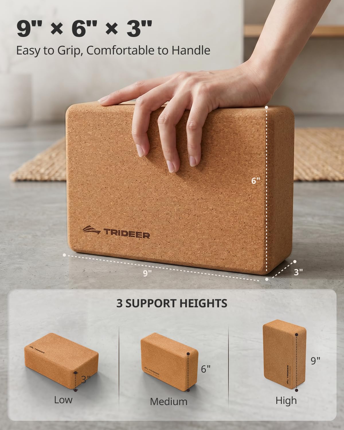 Trideer Cork Yoga Blocks, 2 Pack Yoga Blocks Natural Cork, High Density Yoga Block with Non Slip Surface, Eco-Friendly Yoga Accessories for Women, Ideal for Yoga, Pilates, Stretching