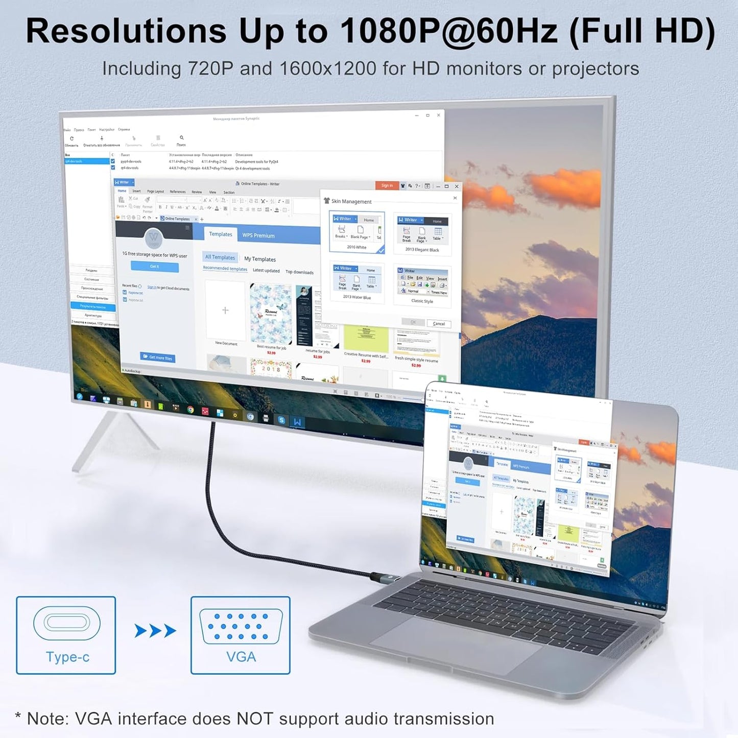 Thzzhnno 3.3FT, 1080P@60Hz USB C to VGA Cable USB Type C to VGA Conversion for Laptops, Mobile Phones, Tablets