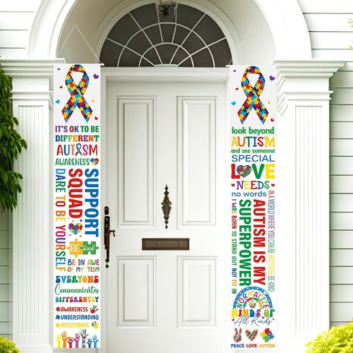 DoubleFill Autism Awareness Banners - 2 Pcs Puzzle Piece Door Decorations for Indoor/Outdoor Use