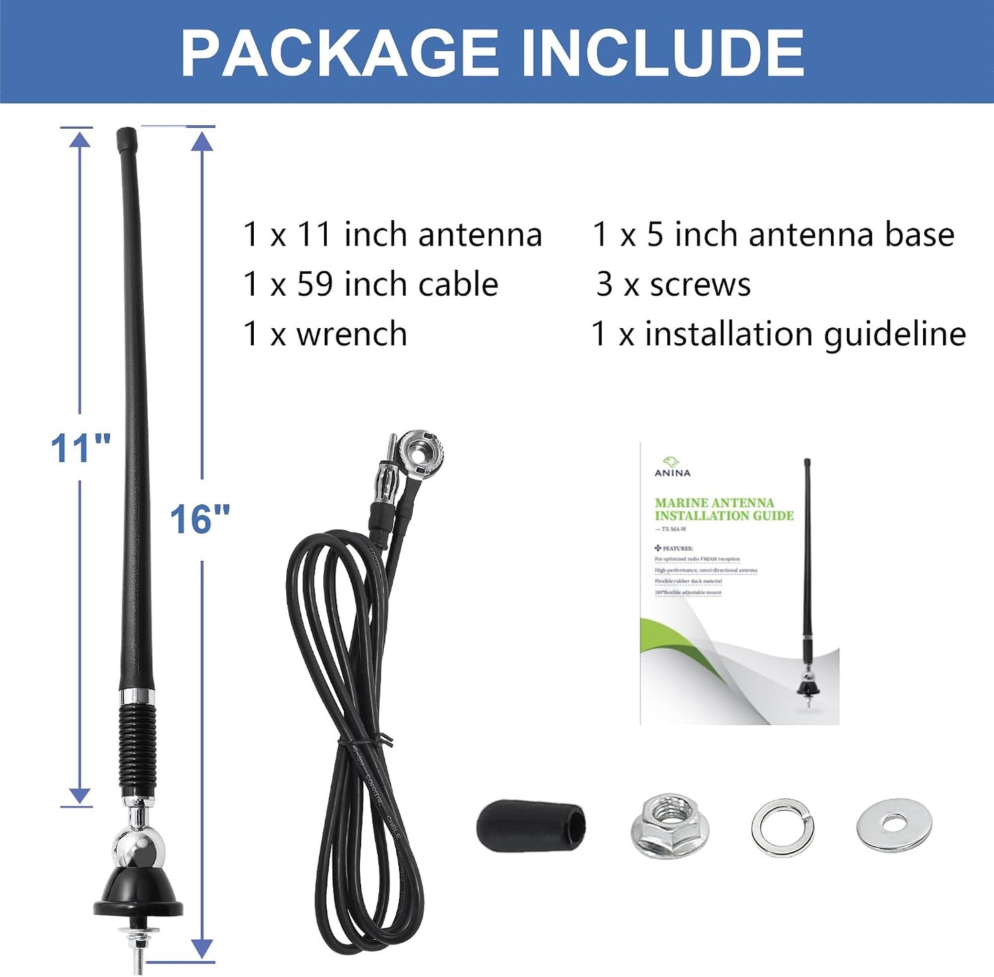 Anina 16 Inch Marine Radio Antenna for Pickup Truck Boat ATV UTV RV Motorcycle Tractor Top/Side Mount Rubber Duck