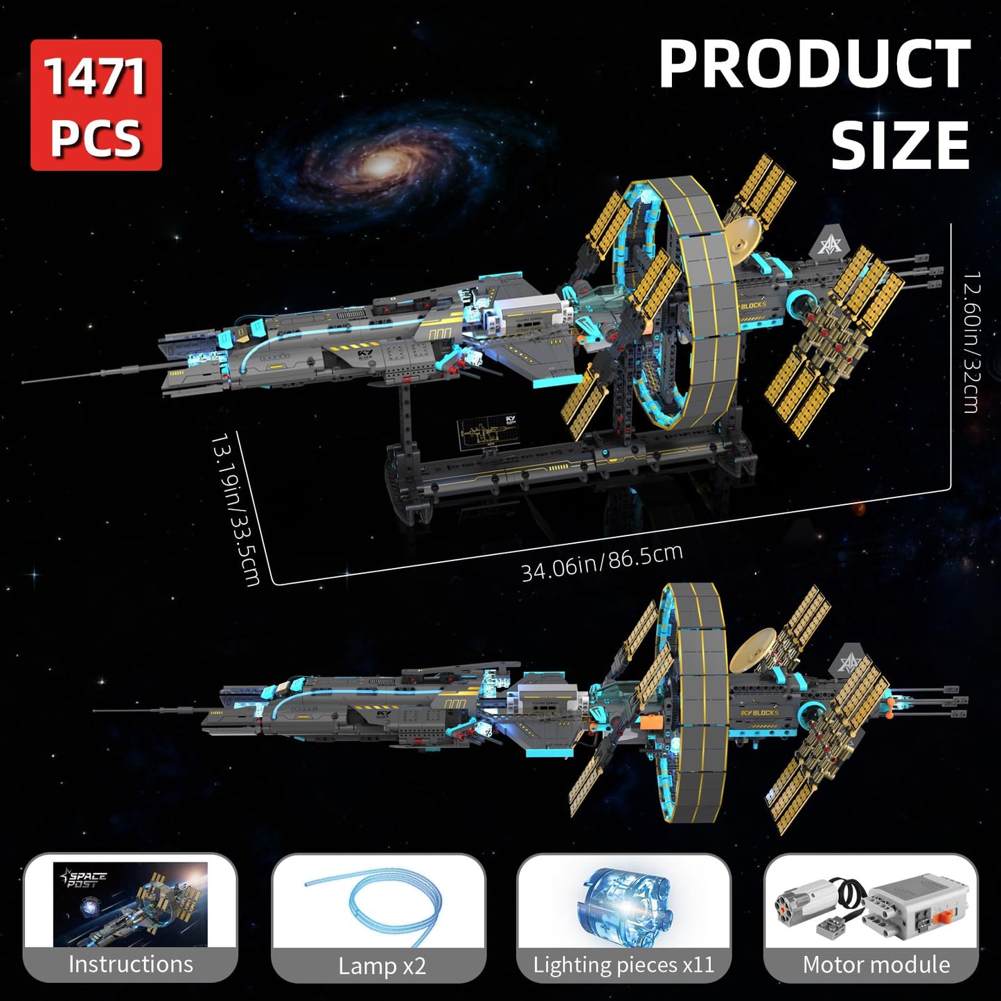 Suplanet Space Station Spaceship Building Blocks Set with Motor & LED Lights, Exploration Model Building Kits with Display Stand, STEM Engineering Gift for Kids,Adults and Space Fans (1471 PCS)