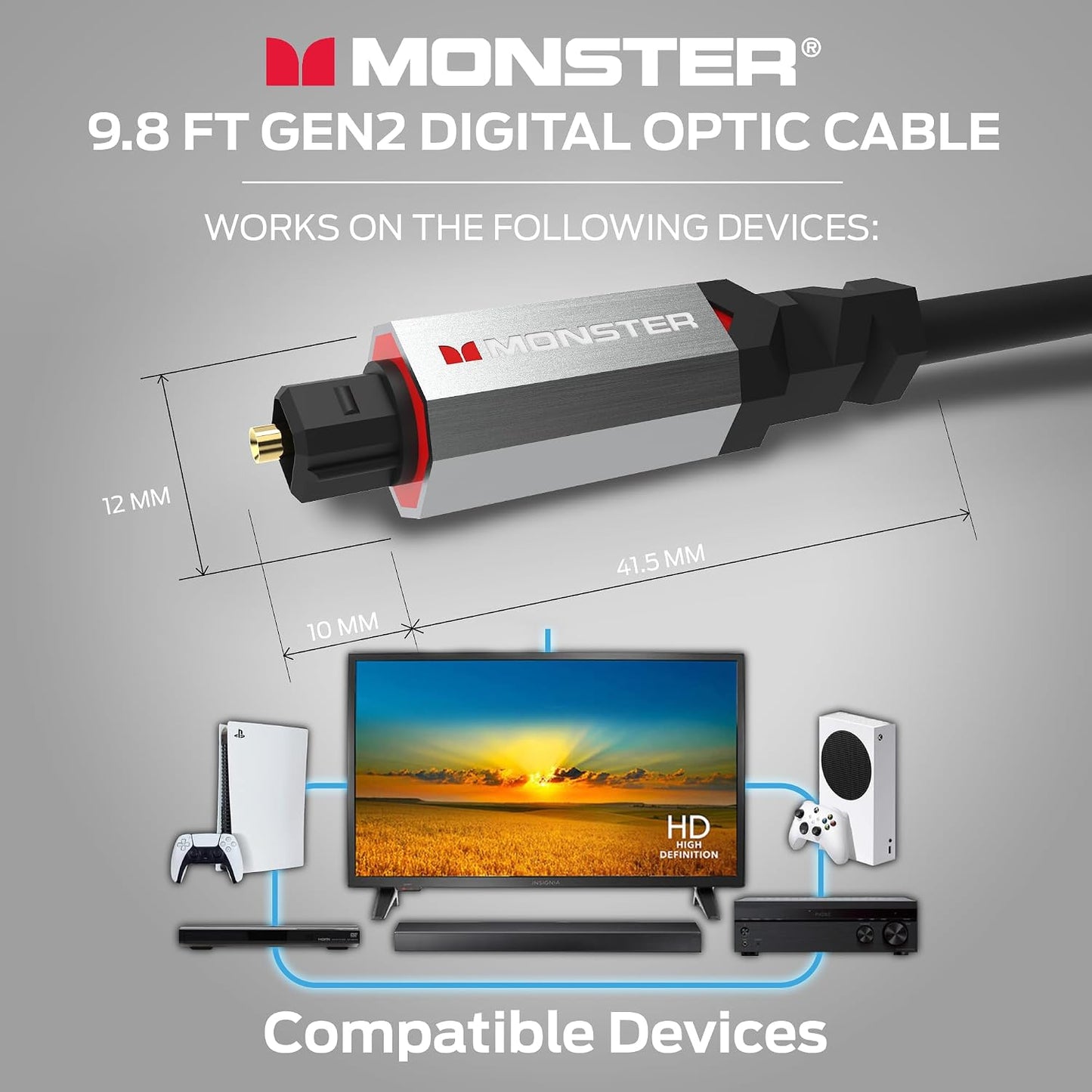 Gen2 9.8ft Monster Essentials Digital Optical Toslink Cable, Sound Bar Optical Audio Cable with Gold Connectors
