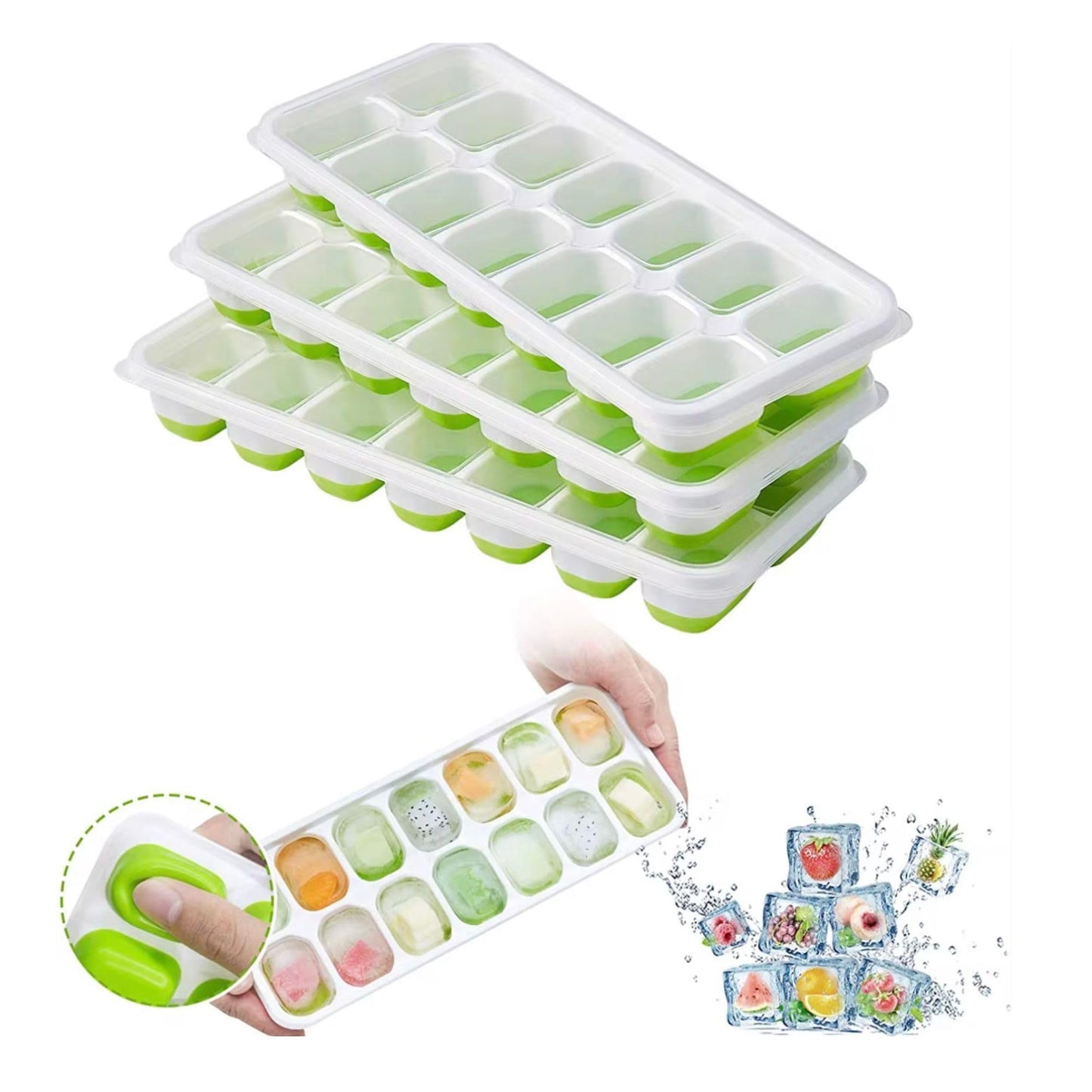 Ice Cube Trays with Lid and Bin, 4 Pack Silicone Ice Cube Tray for Freezer, Stackable Ice Storage Container with Scoop, for Drinks, Coffee, Cocktail