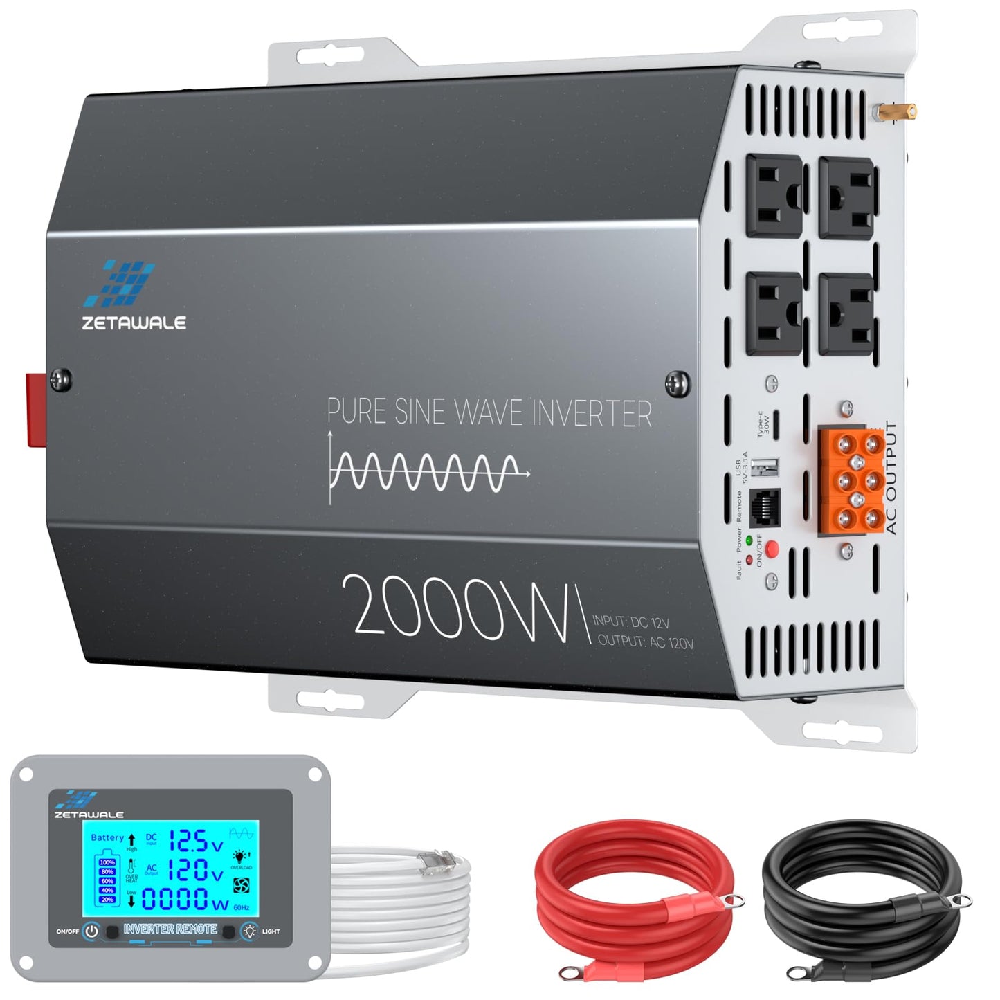 2000 Watts Pure Sine Wave Inverter 12V DC to 110V/120V AC Converter, 4000W Peak, LCD Remote Control, 4 AC Outlets, USB & Type-C – for RV, Truck, Off-Grid Solar, Emergency Power Backup